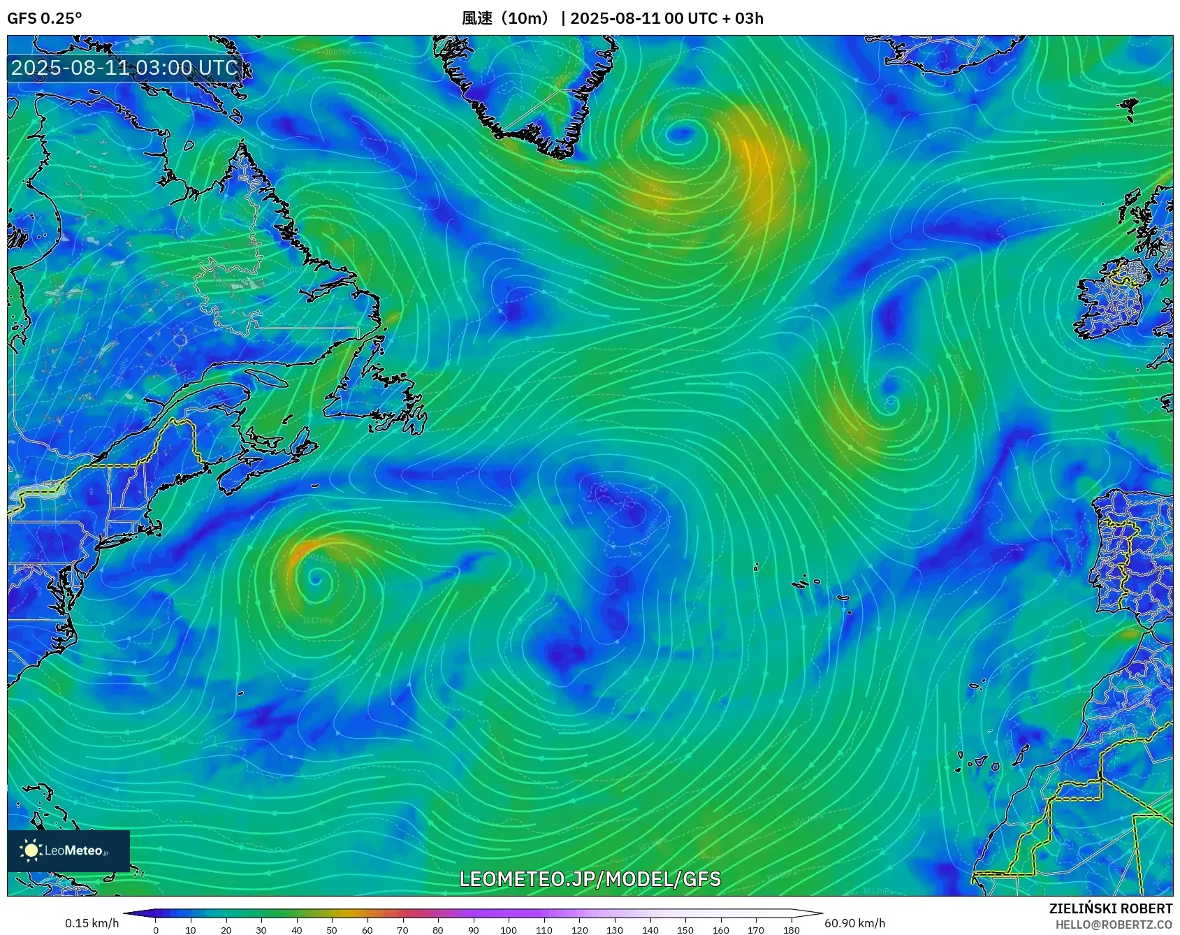 GFS model - 北大西洋, 風速（10m）