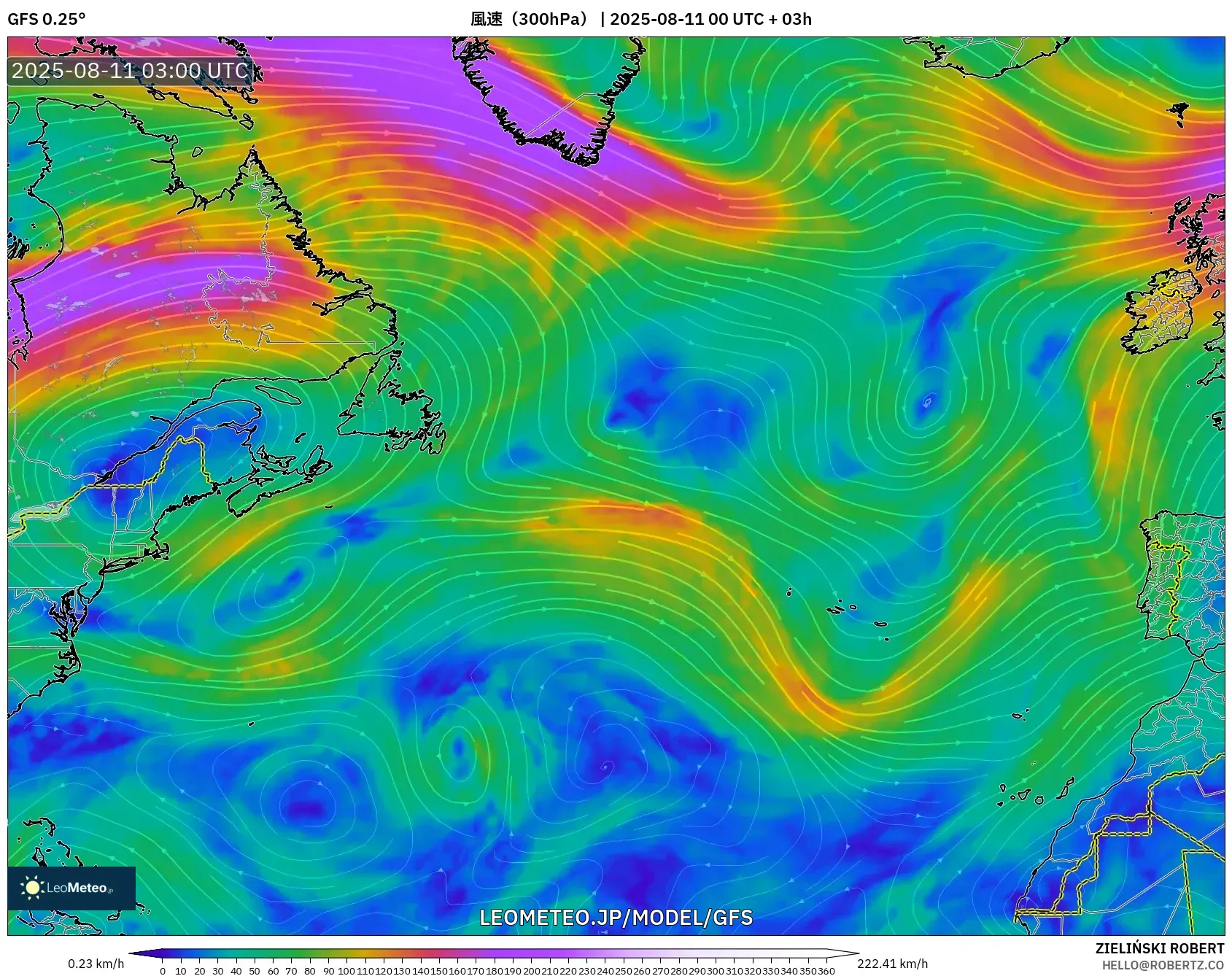 GFS model - 北大西洋, 風速（300hPa）