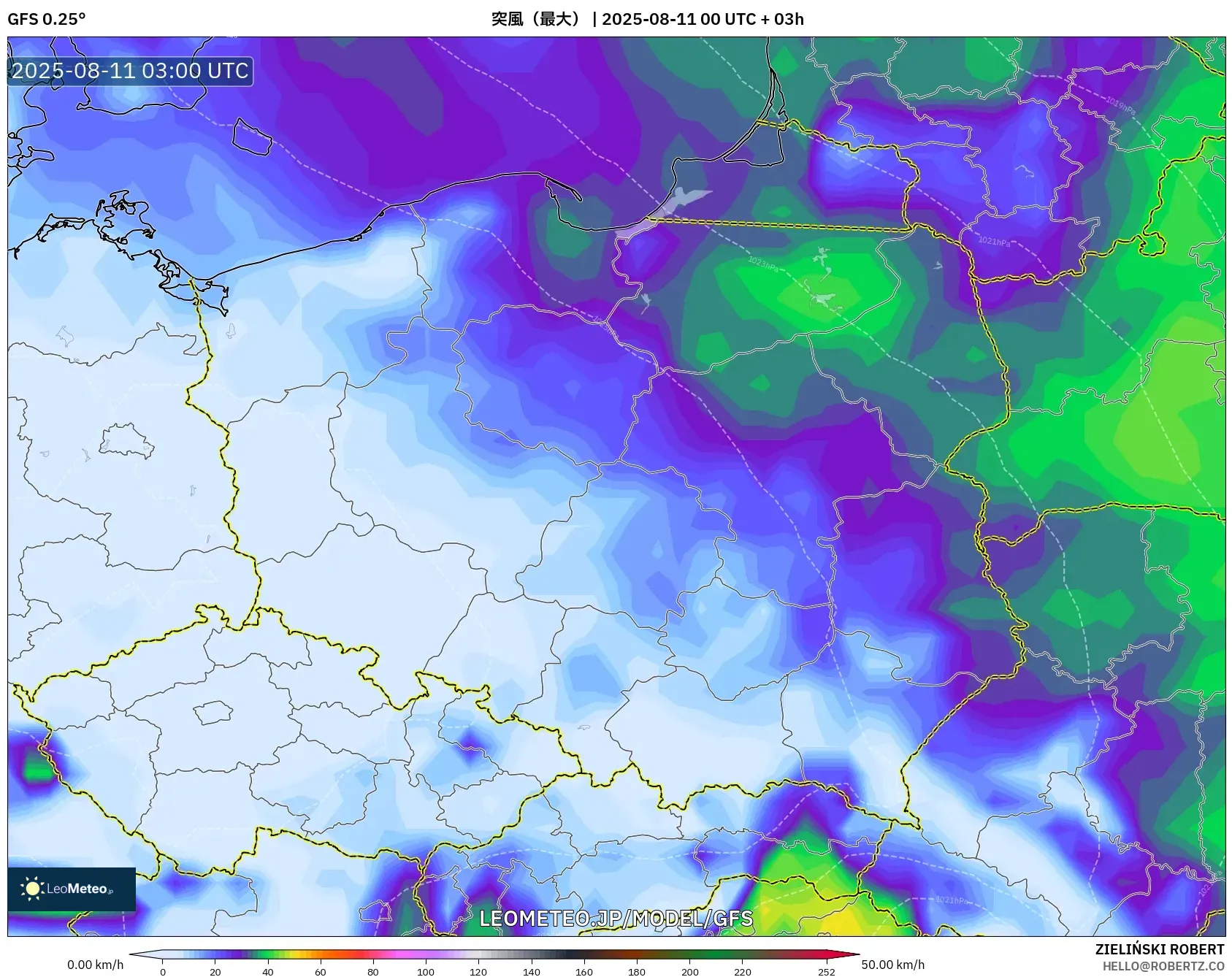 GFS model - ポーランド, 突風（最大）