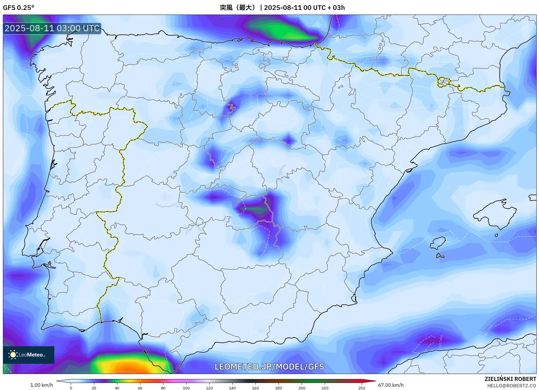 GFS model - スペイン, 突風（最大）
