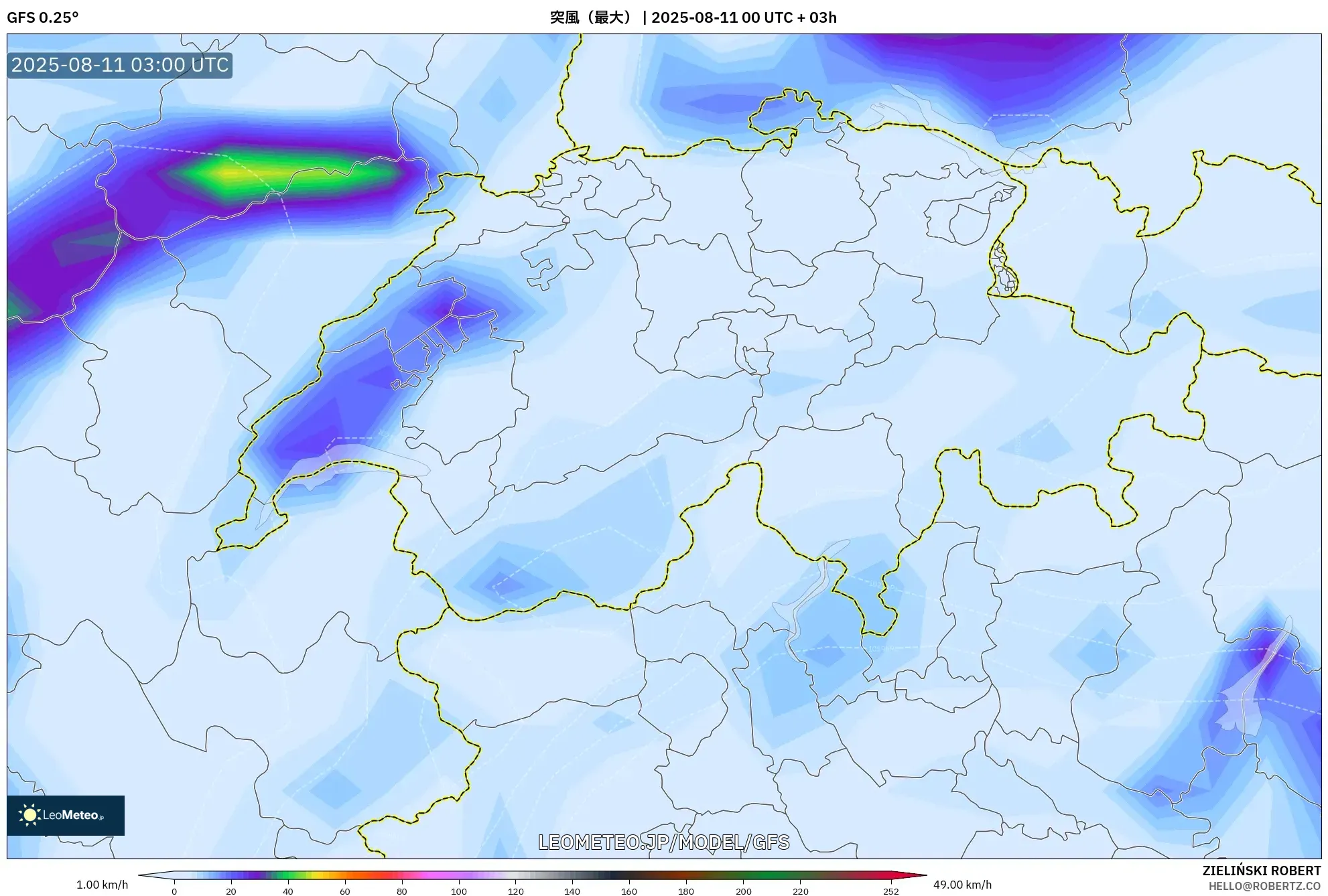 GFS model - スイス, 突風（最大）