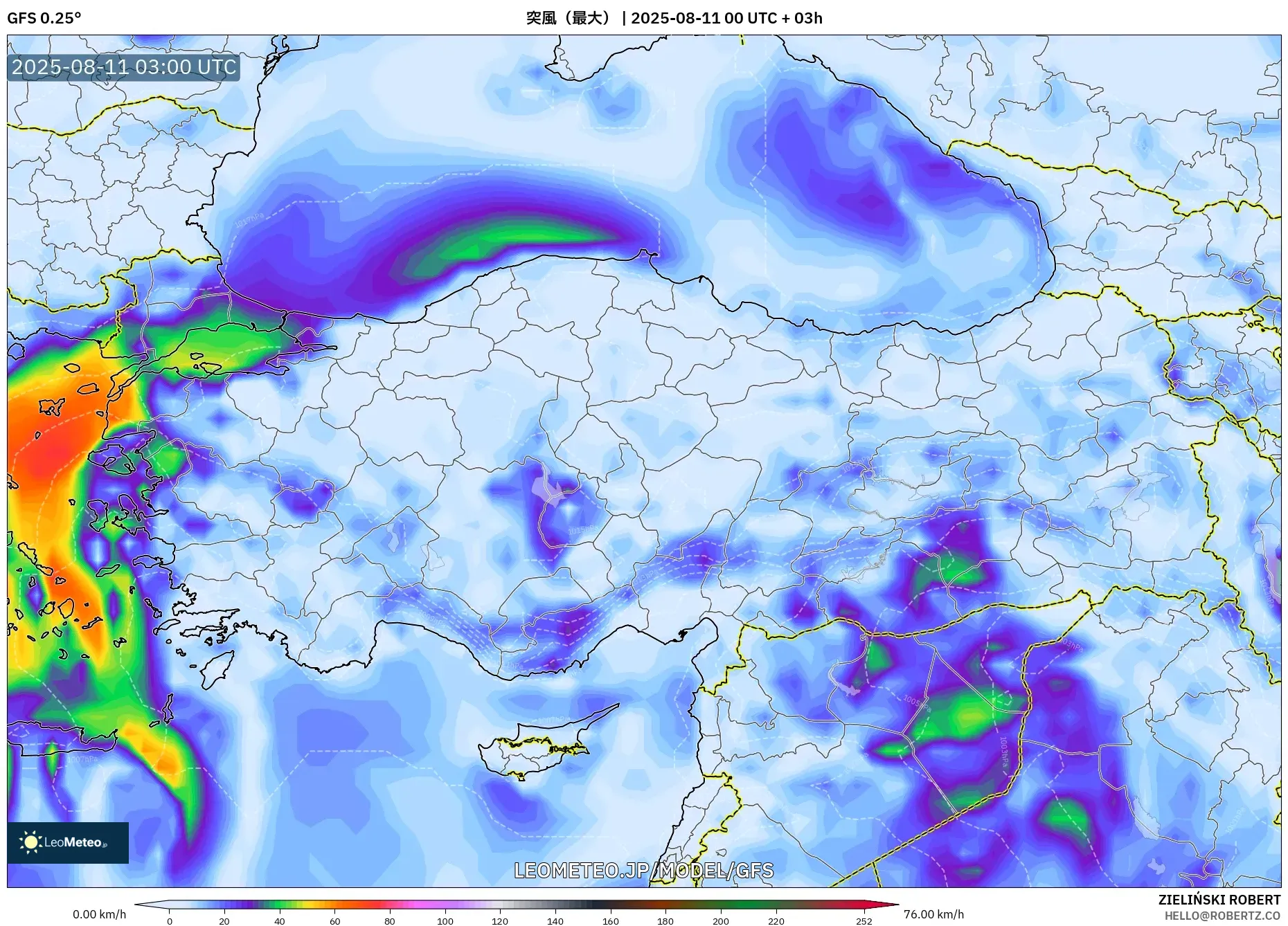 GFS model - トルコ, 突風（最大）