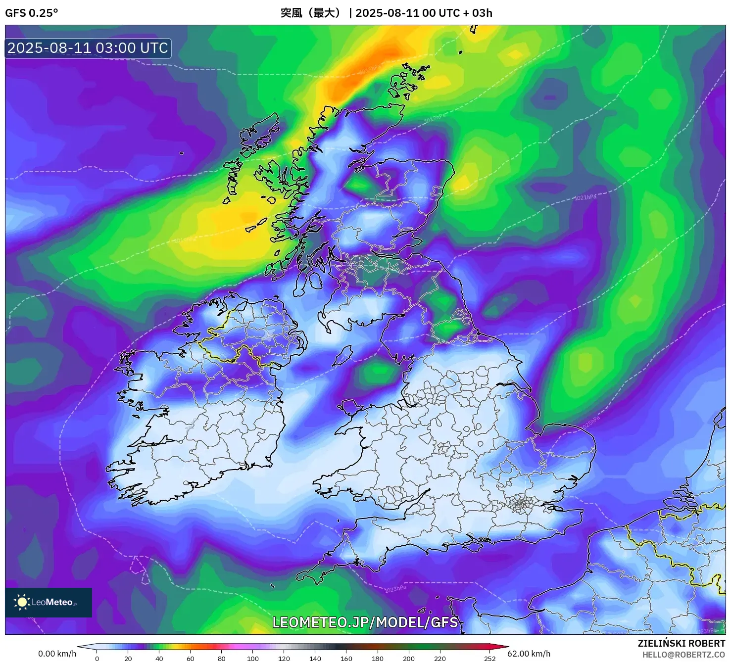 GFS model - イギリス, 突風（最大）