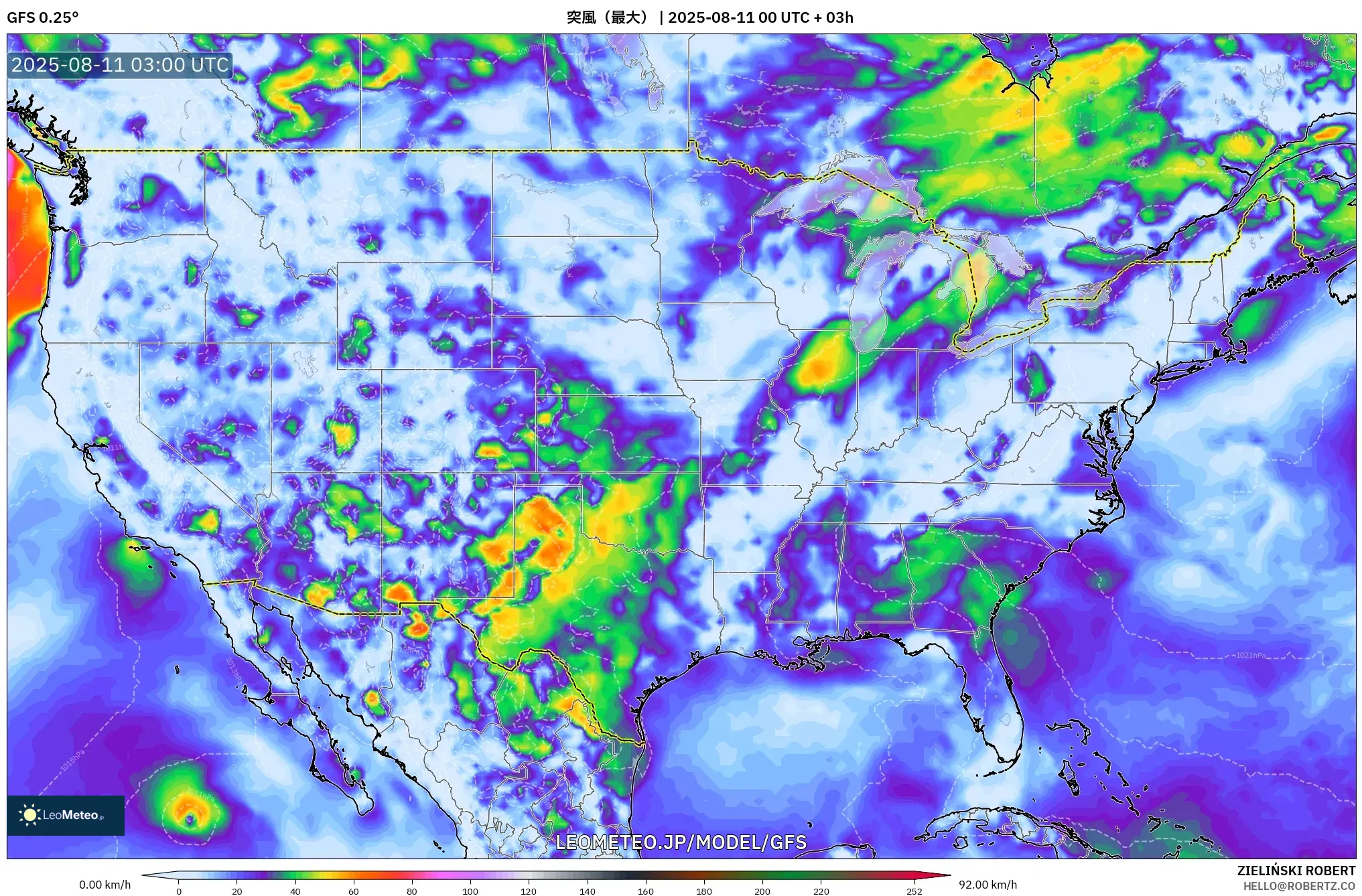 GFS model - アメリカ合衆国, 突風（最大）
