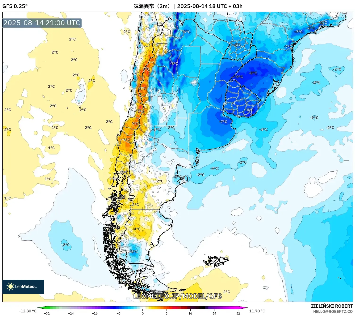 GFS model - アルゼンチン, 気温異常（2m）
