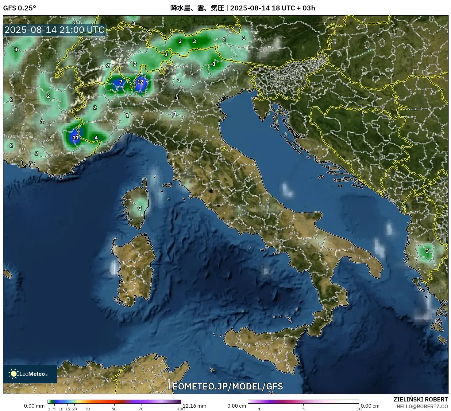 GFS model - イタリア, 降水量、雲、気圧