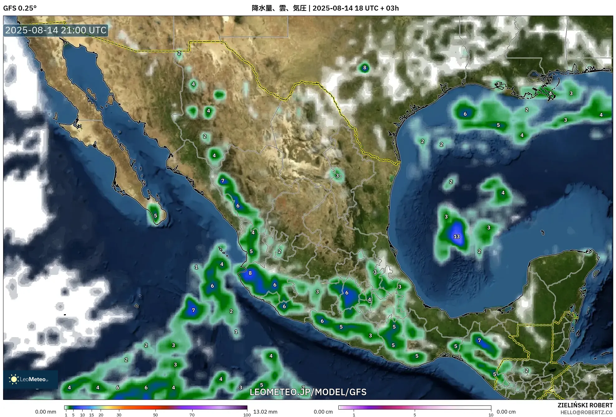 GFS model - メキシコ, 降水量、雲、気圧