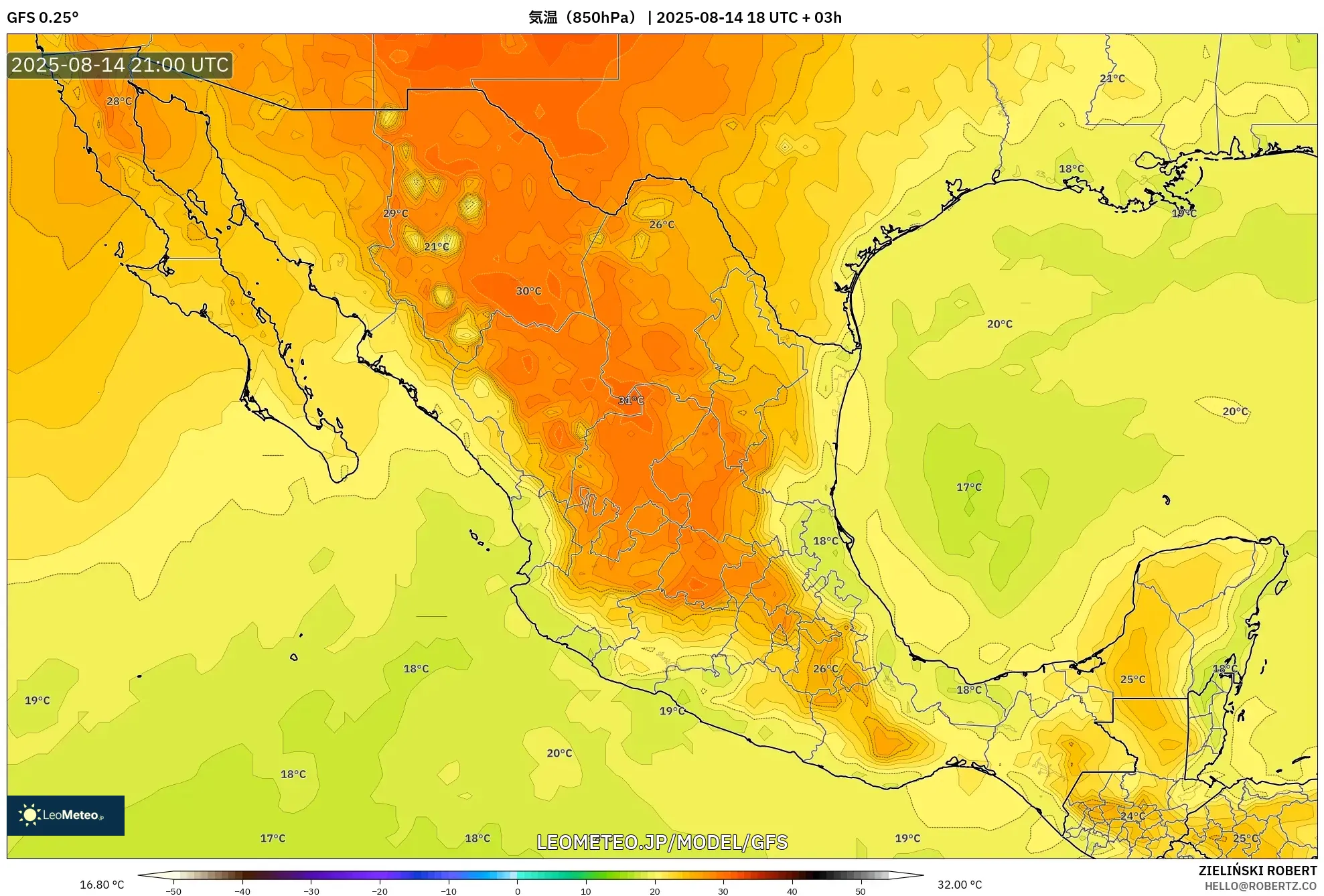 GFS model - メキシコ, 気温（850hPa）