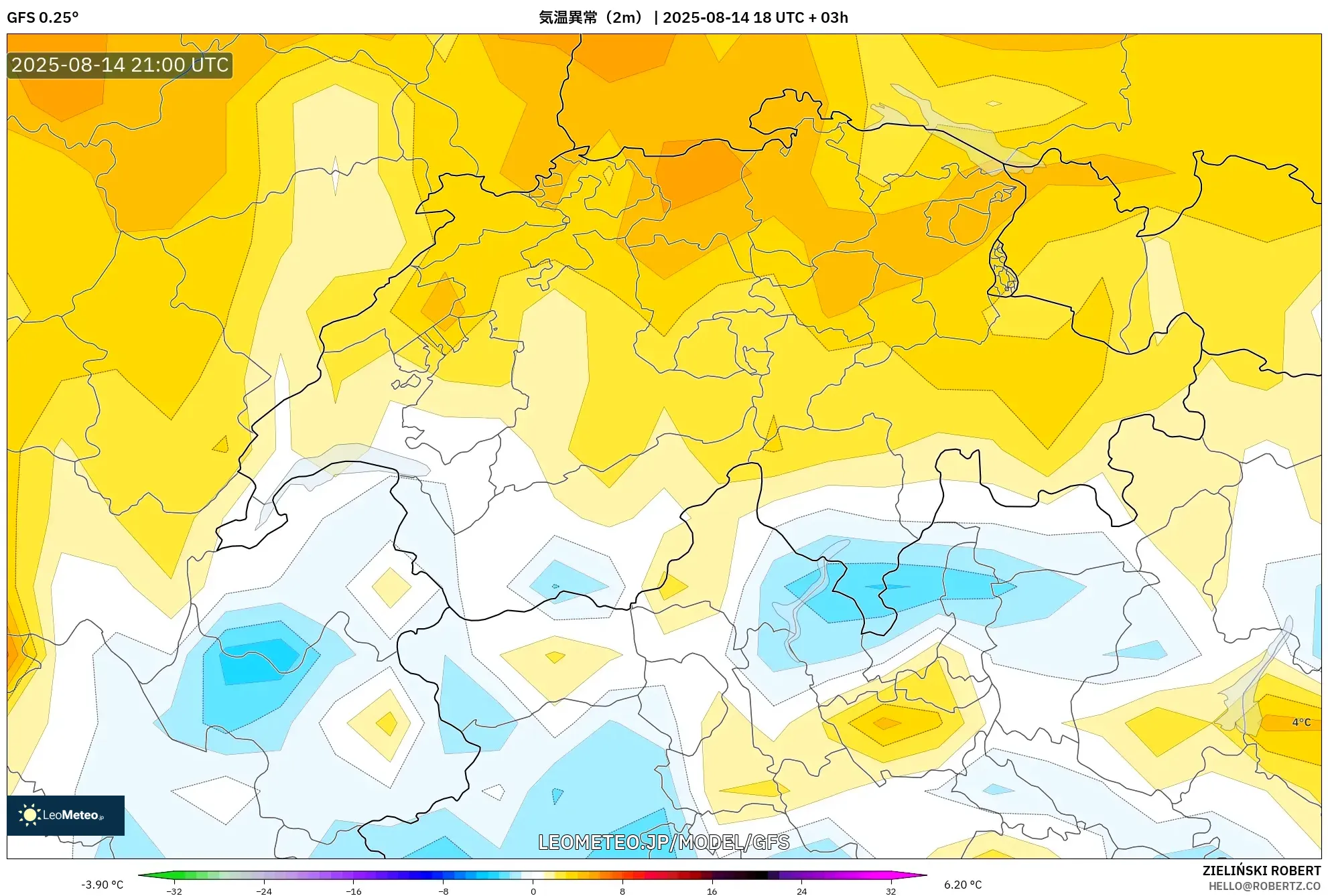 GFS model - スイス, 気温異常（2m）