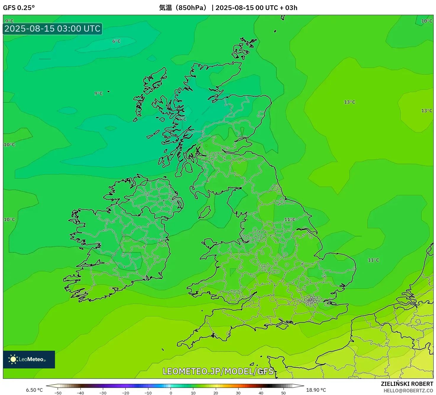 GFS model - イギリス, 気温（850hPa）