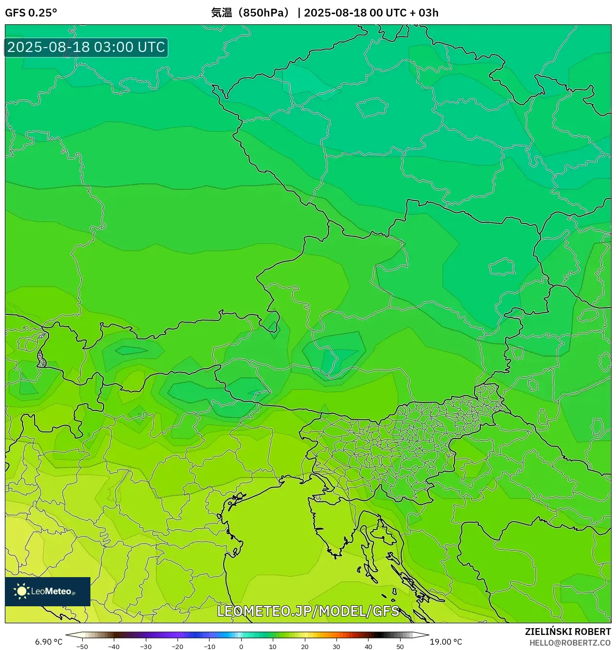 GFS model - オーストリア, 気温（850hPa）