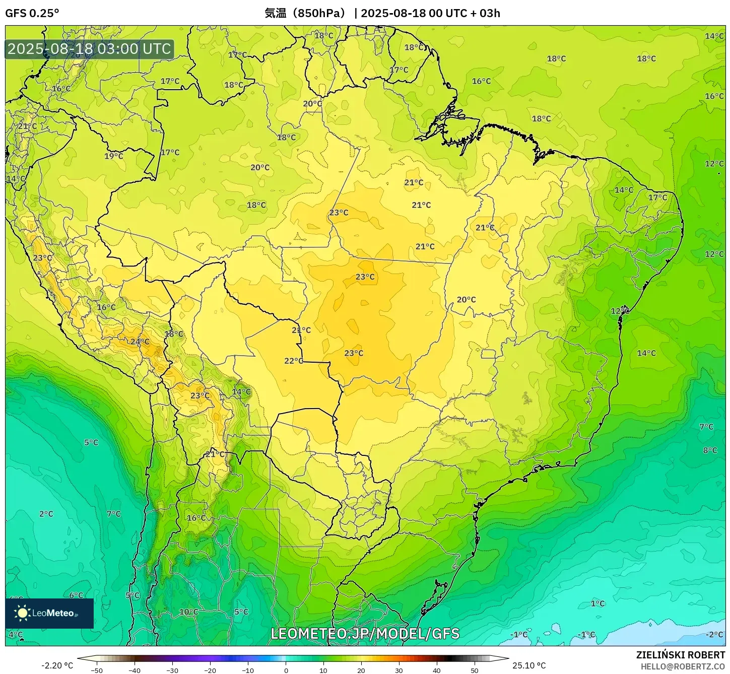 GFS model - ブラジル, 気温（850hPa）