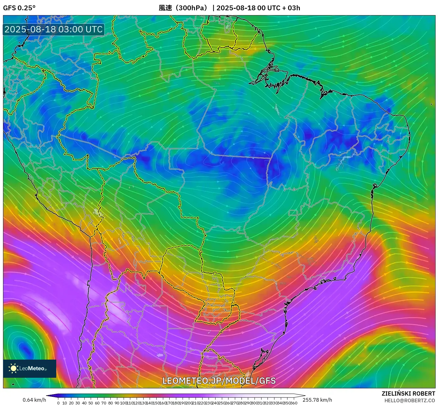 GFS model - ブラジル, 風速（300hPa）