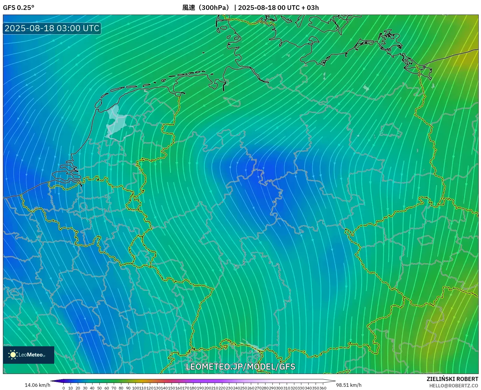 GFS model - ドイツ, 風速（300hPa）