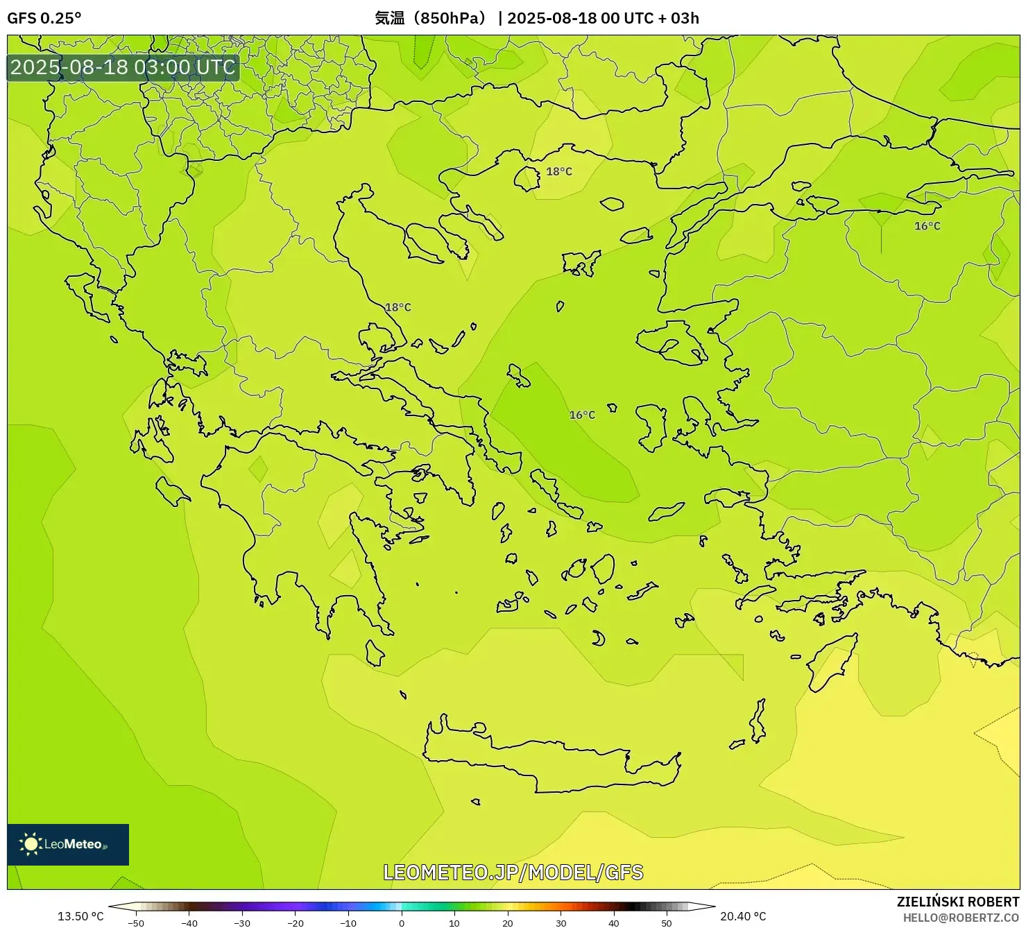 GFS model - ギリシャ, 気温（850hPa）