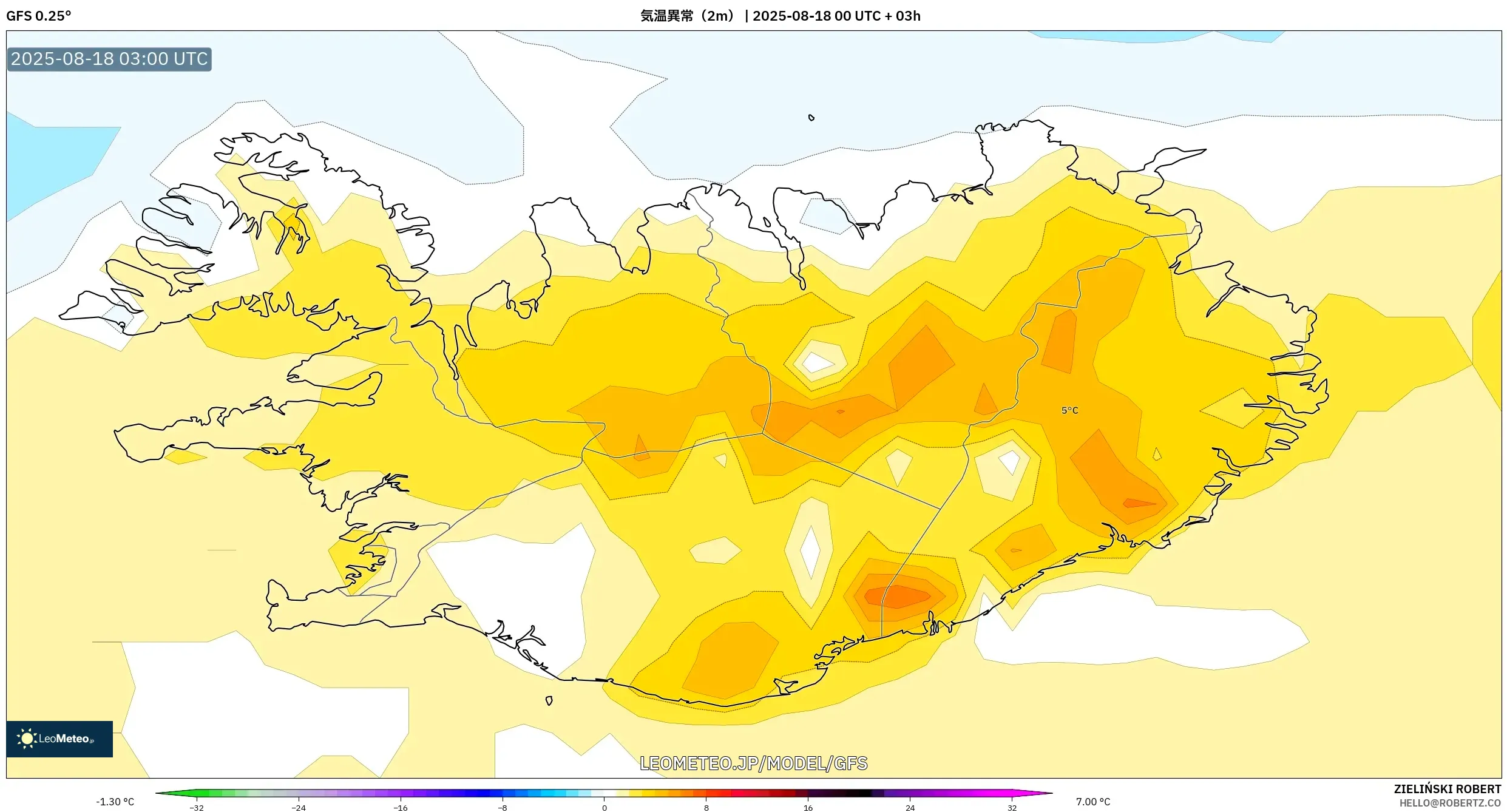 GFS model - アイスランド, 気温異常（2m）