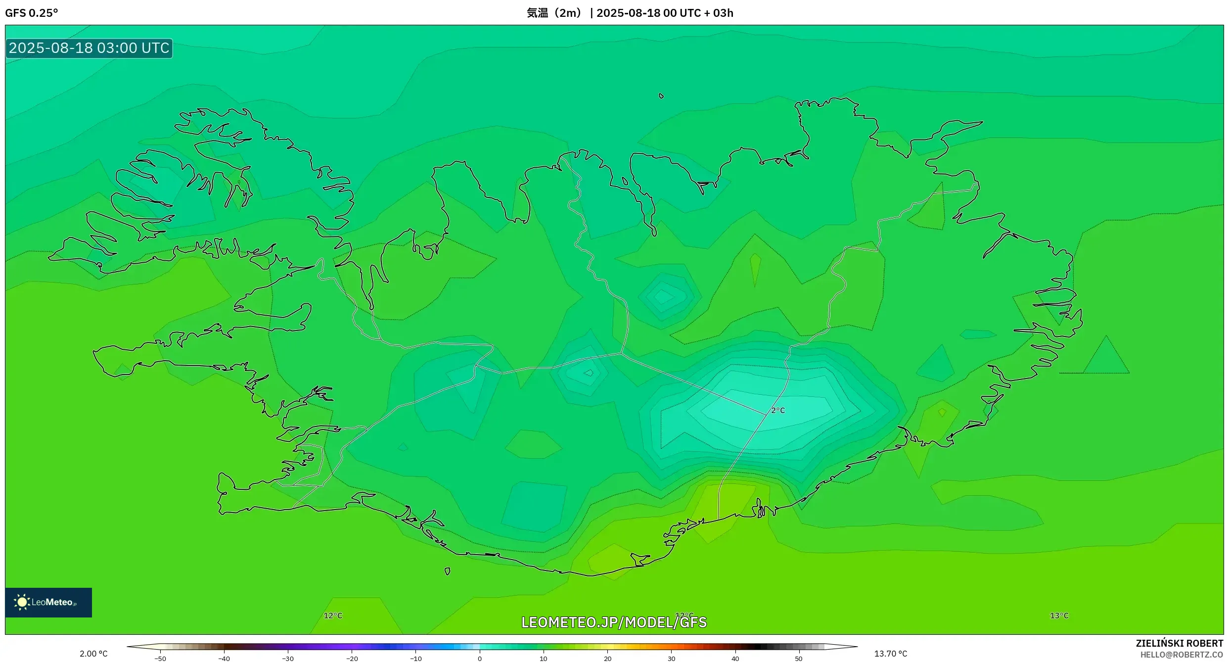 GFS model - アイスランド, 気温（2m）