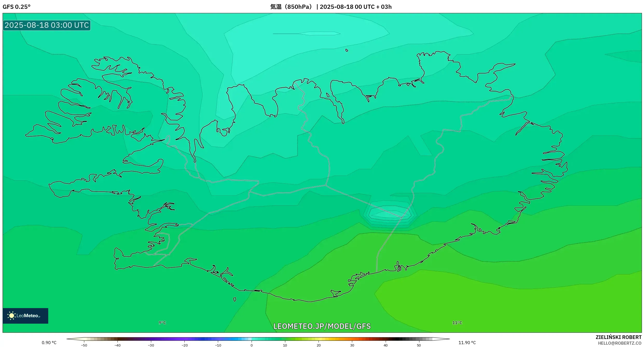 GFS model - アイスランド, 気温（850hPa）