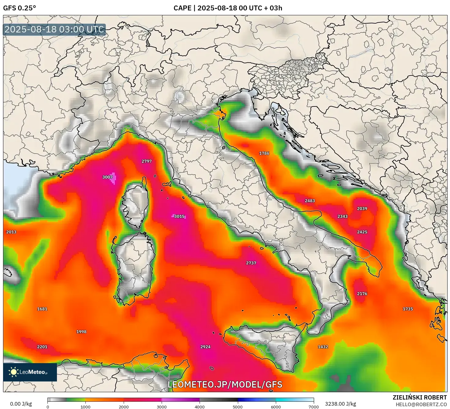 GFS model - イタリア, CAPE GFS model - イタリア, CAPE