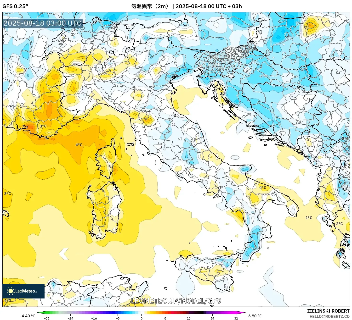 GFS model - イタリア, 気温異常（2m）