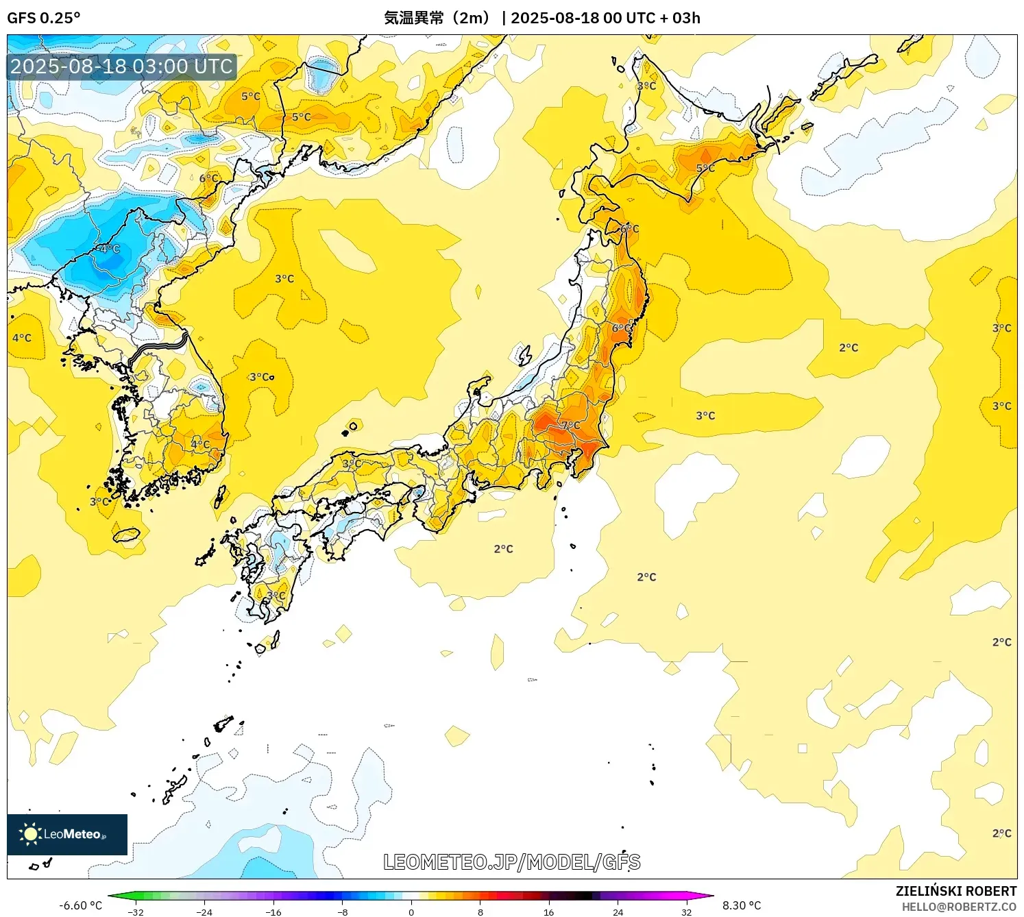 GFS model - 日本, 気温異常（2m）