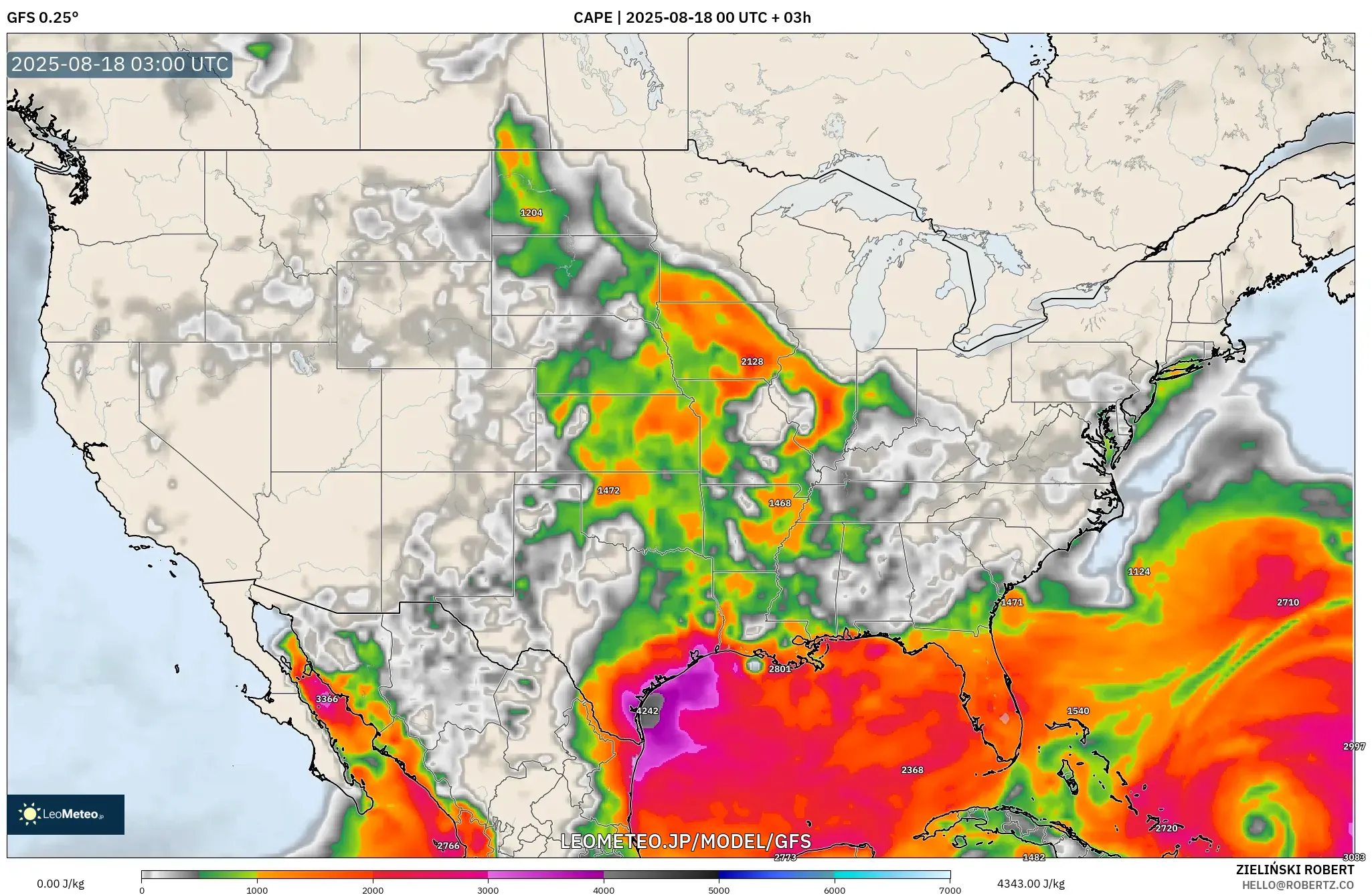 GFS model - アメリカ合衆国, CAPE