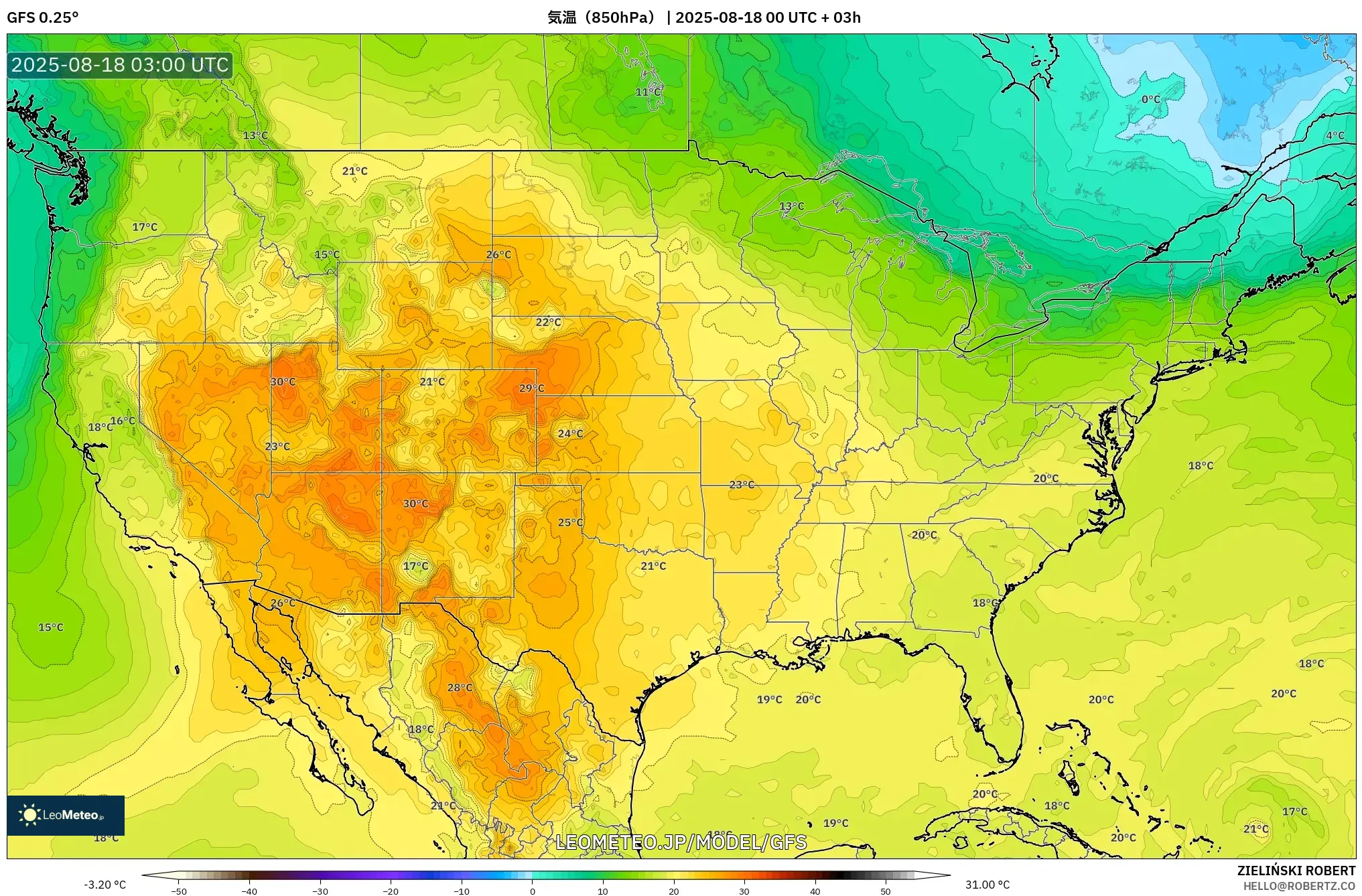 GFS model - アメリカ合衆国, 気温（850hPa）