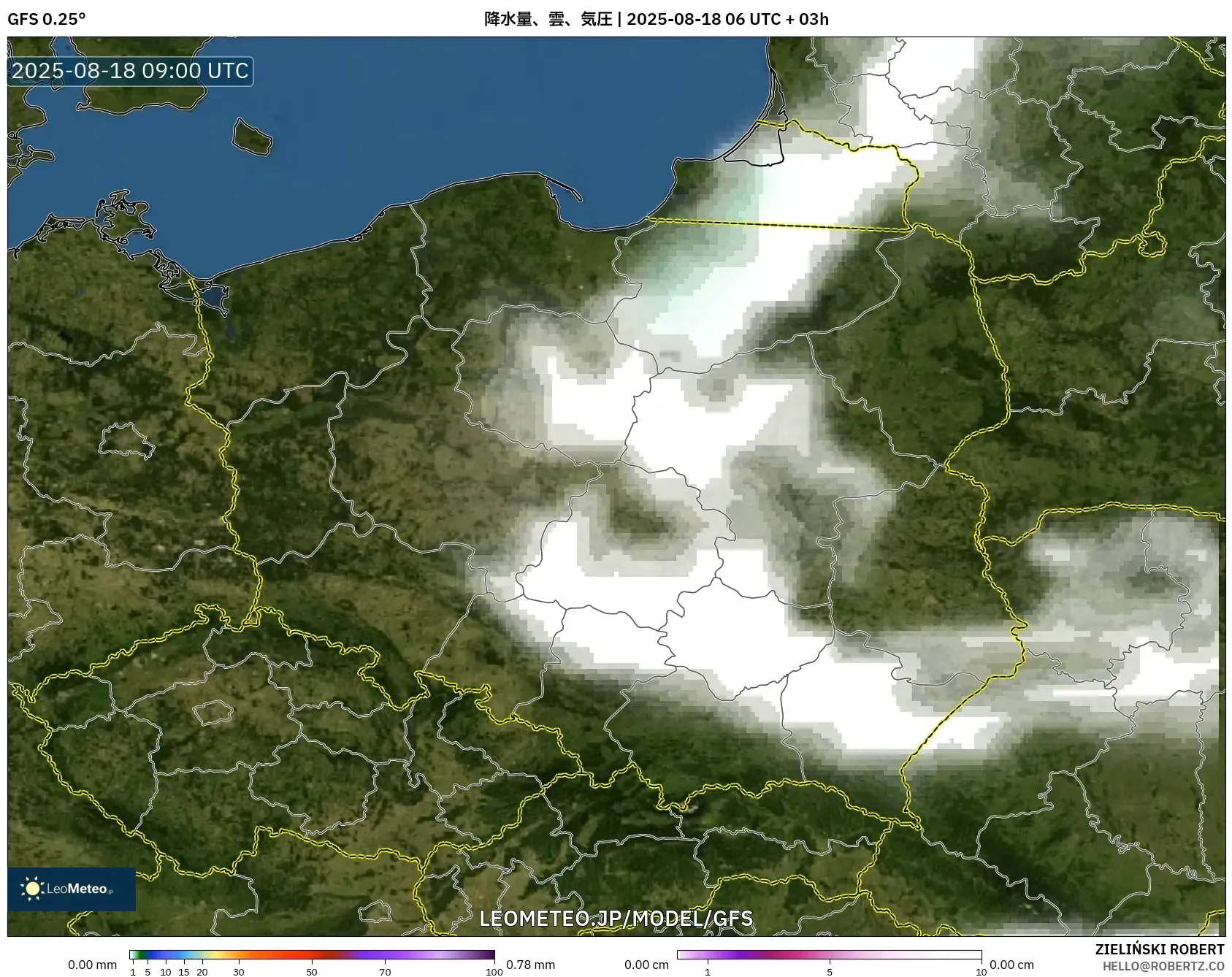 GFS model - ポーランド, 降水量、雲、気圧