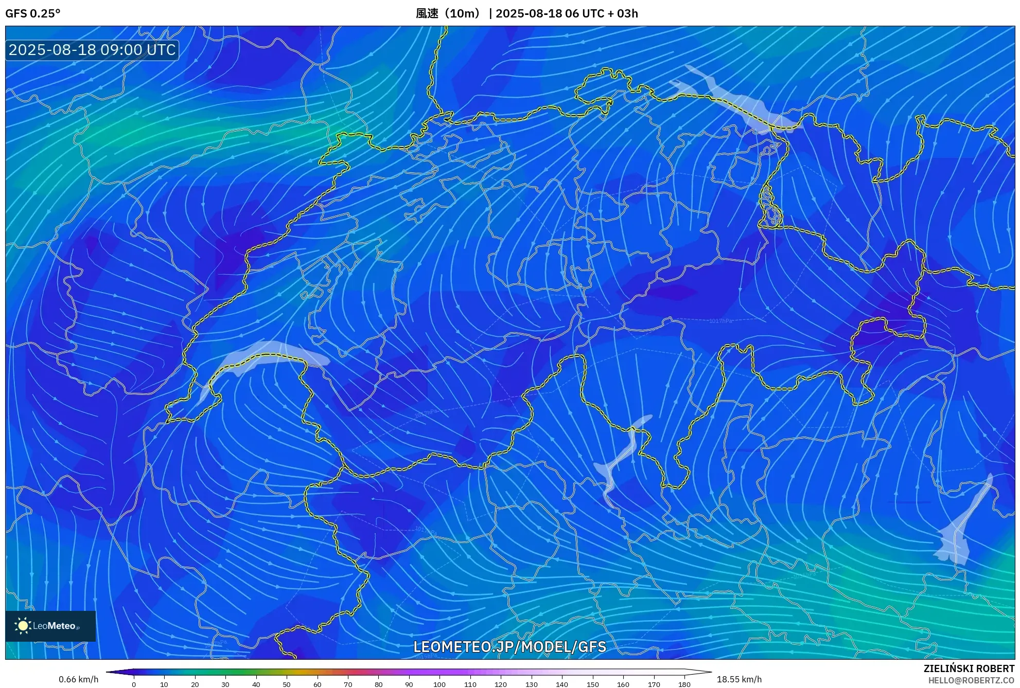 GFS model - スイス, 風速（10m）