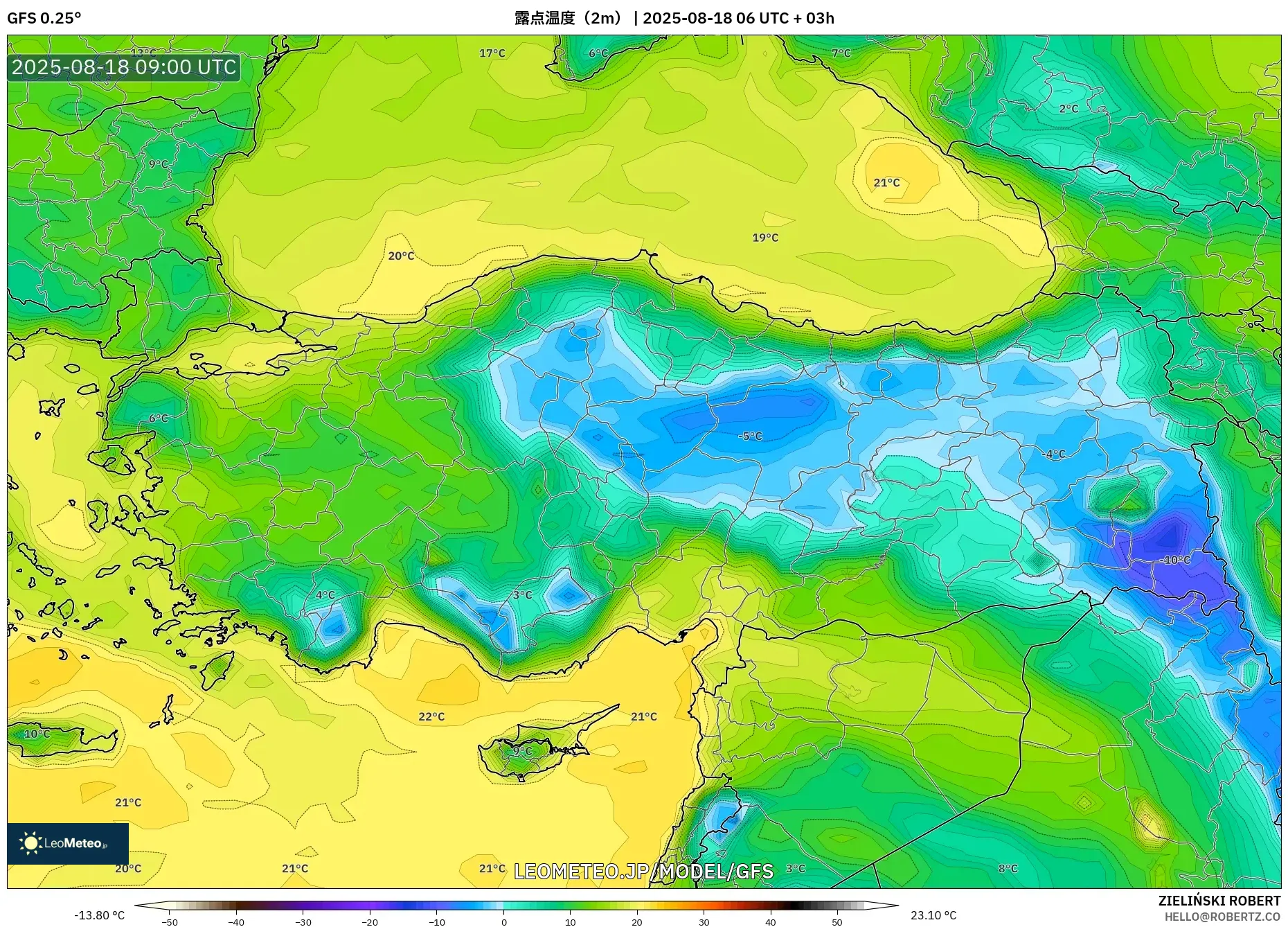 GFS model - トルコ, 露点温度（2m）