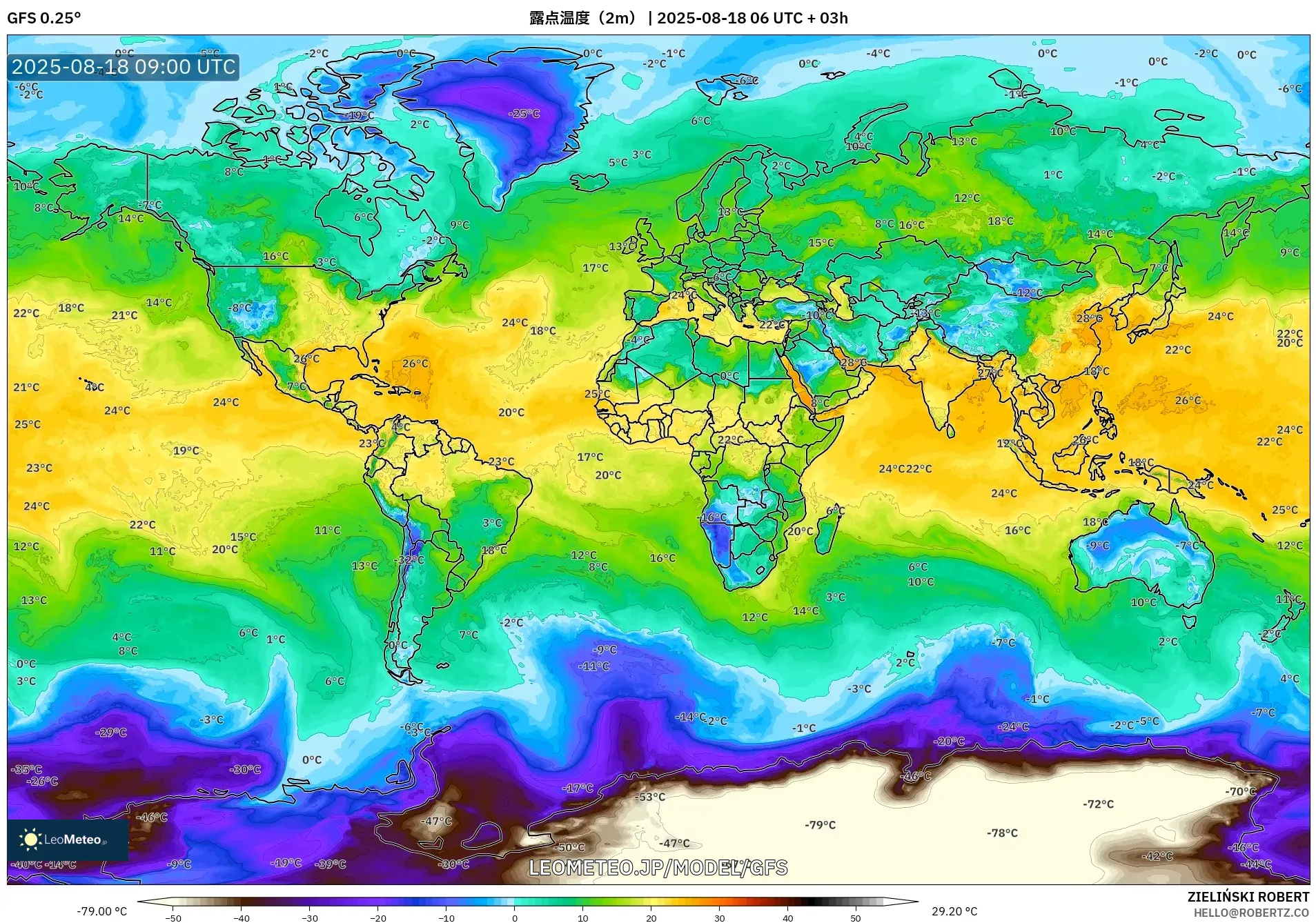 GFS model - 世界, 露点温度（2m）