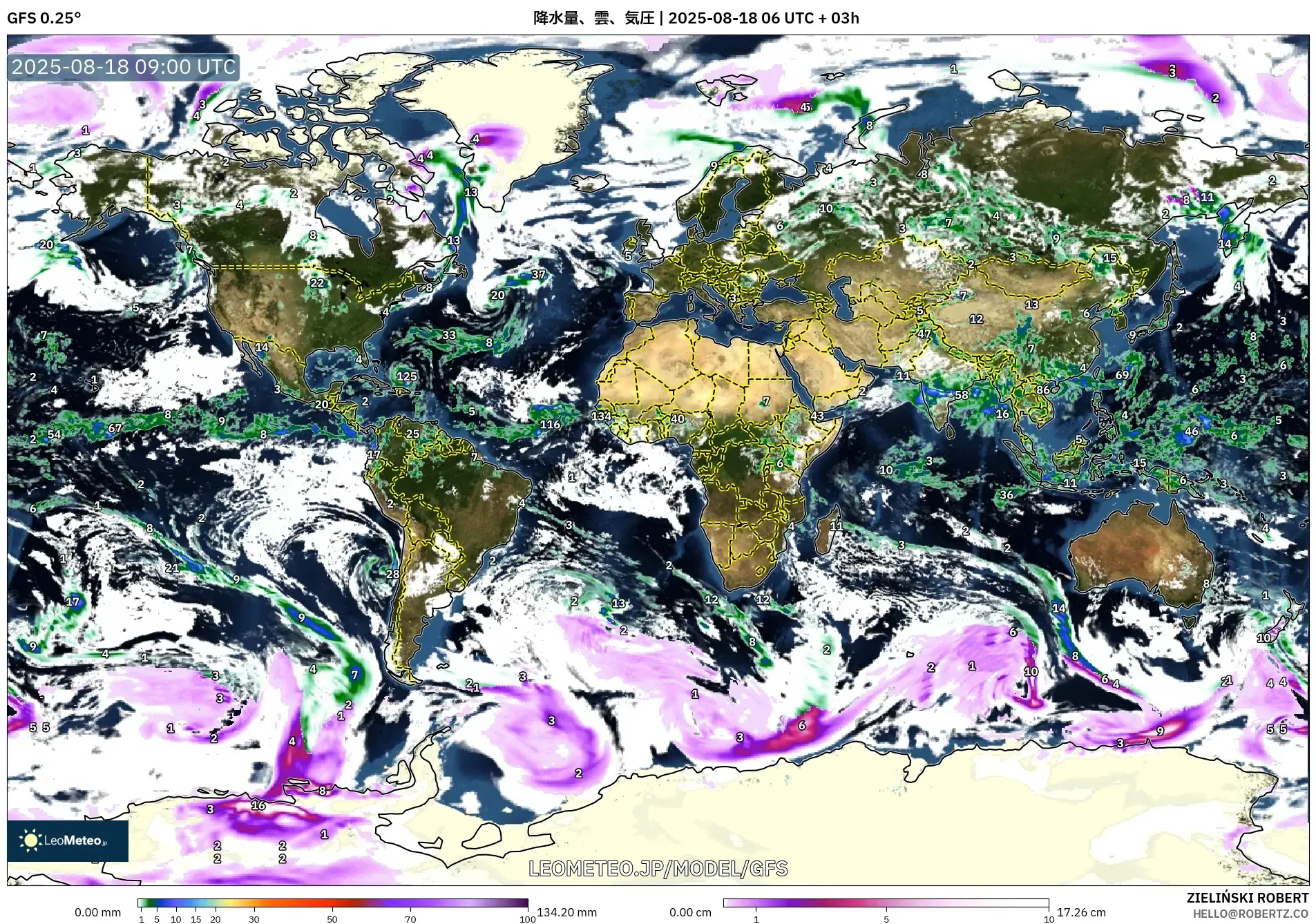 GFS model - 世界, 降水量、雲、気圧