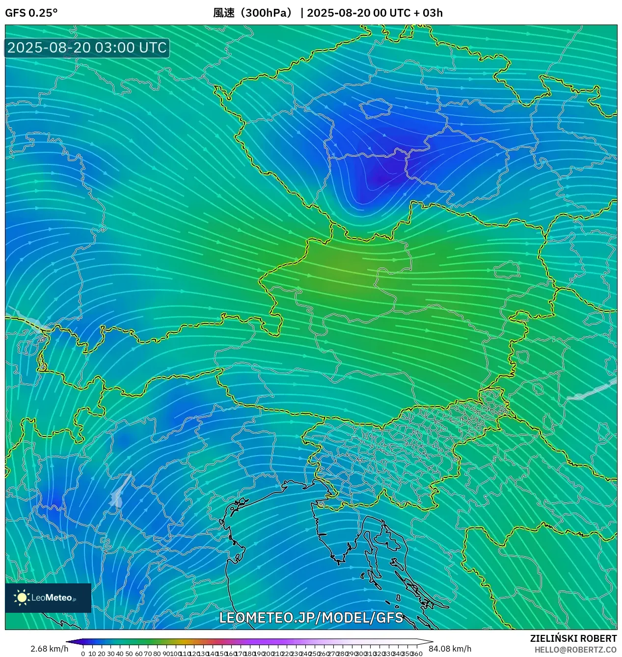 GFS model - オーストリア, 風速（300hPa）