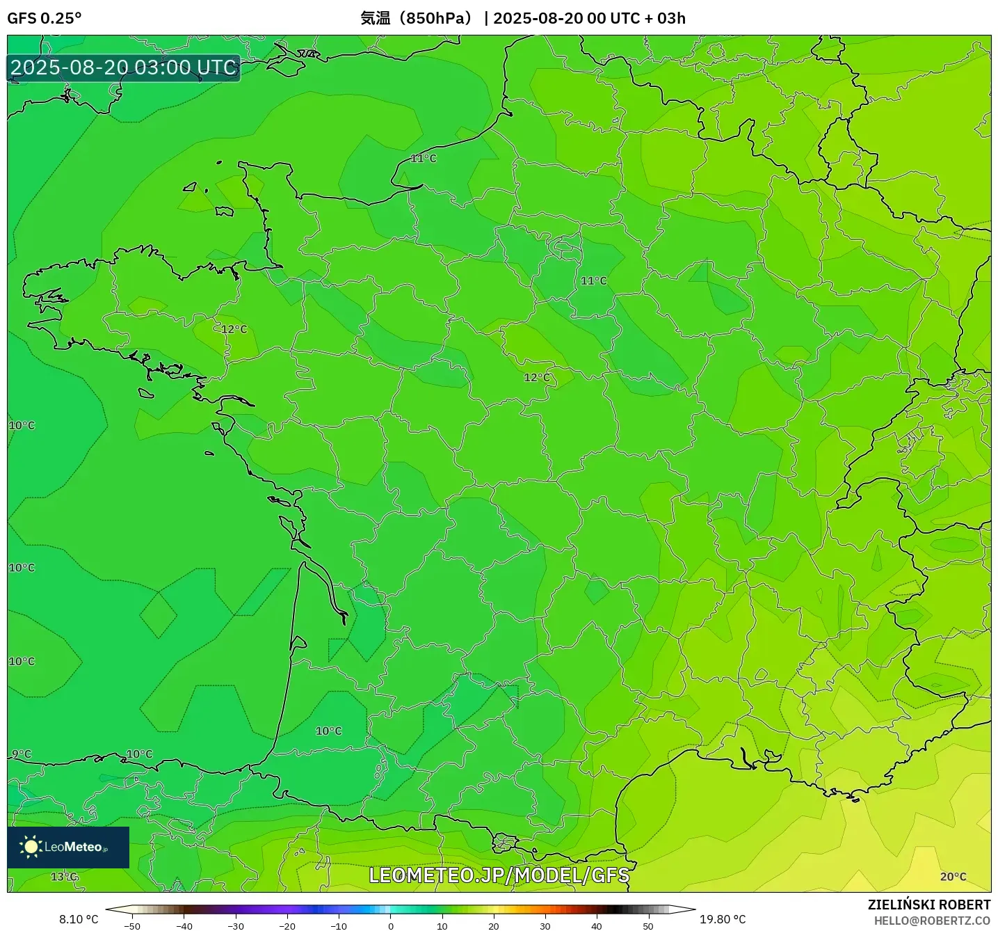 GFS model - フランス, 気温（850hPa）