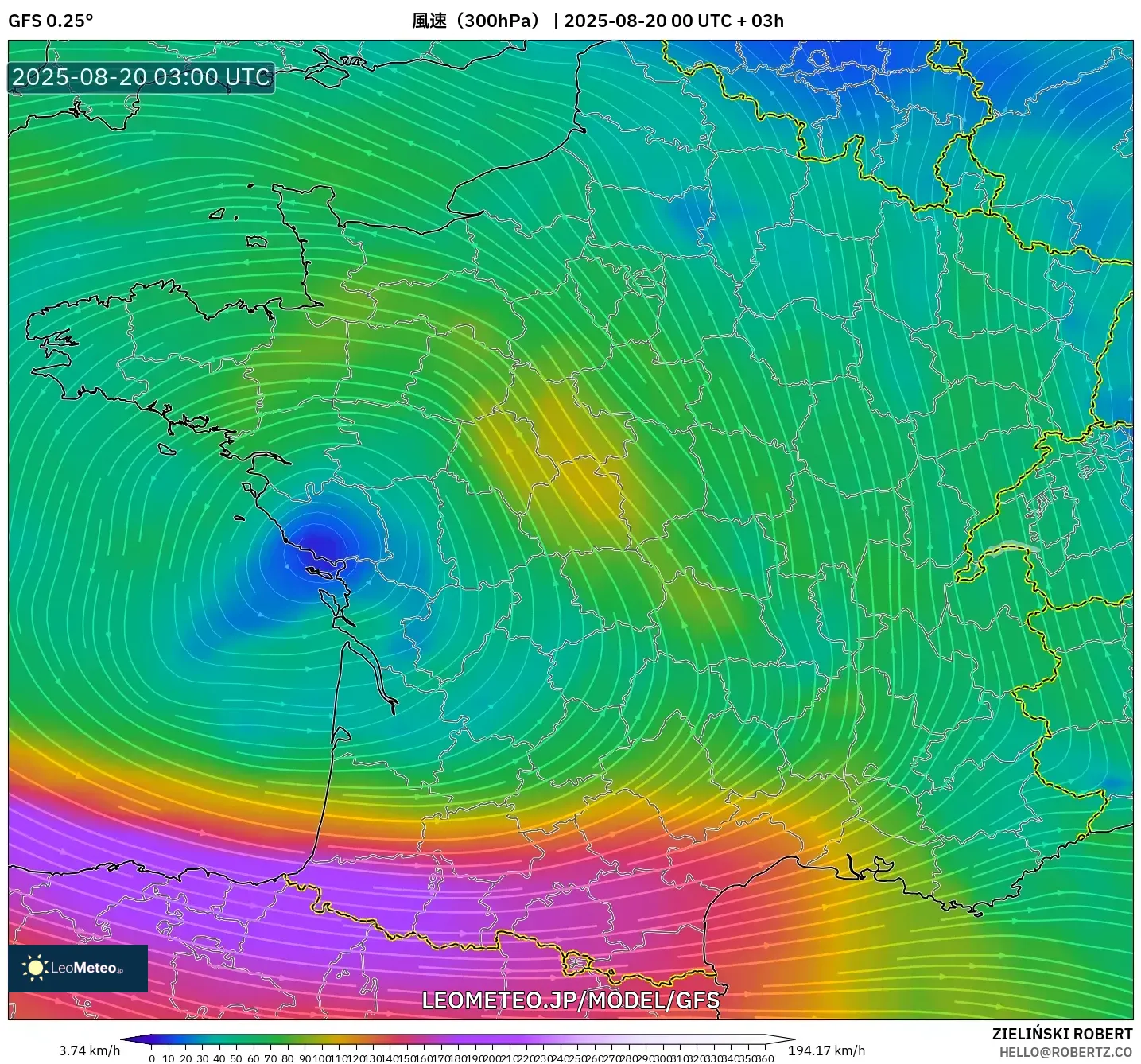 GFS model - フランス, 風速（300hPa）