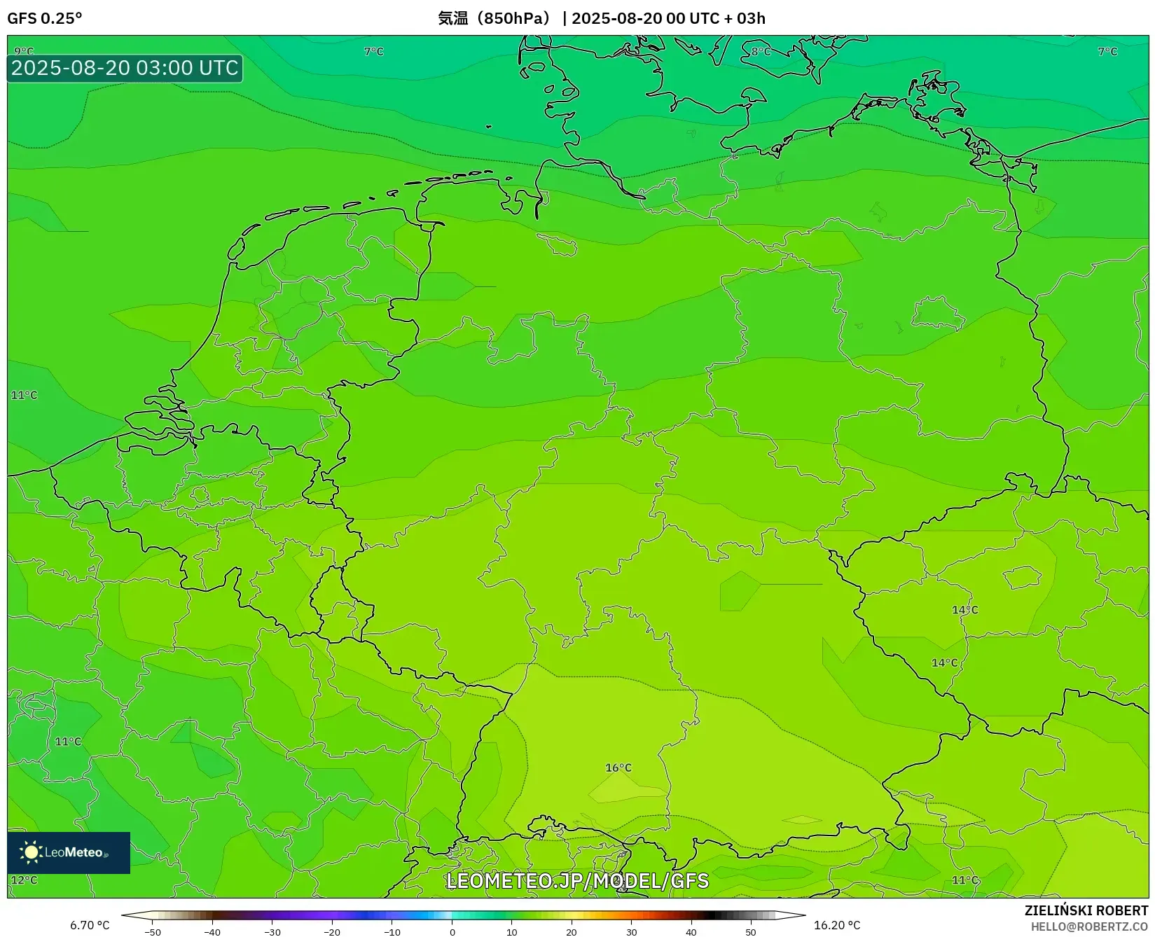 GFS model - ドイツ, 気温（850hPa）