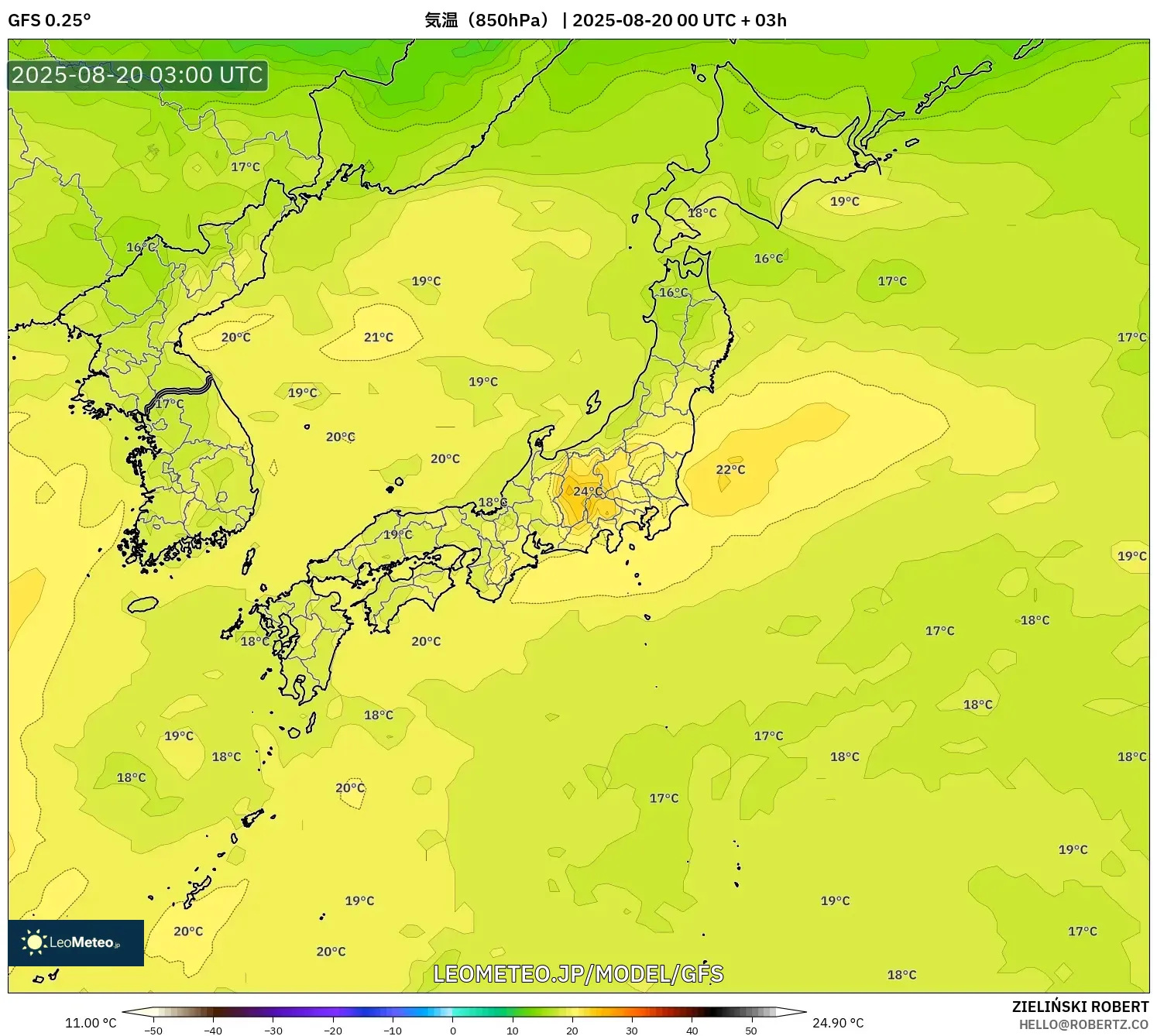 GFS model - 日本, 気温（850hPa）