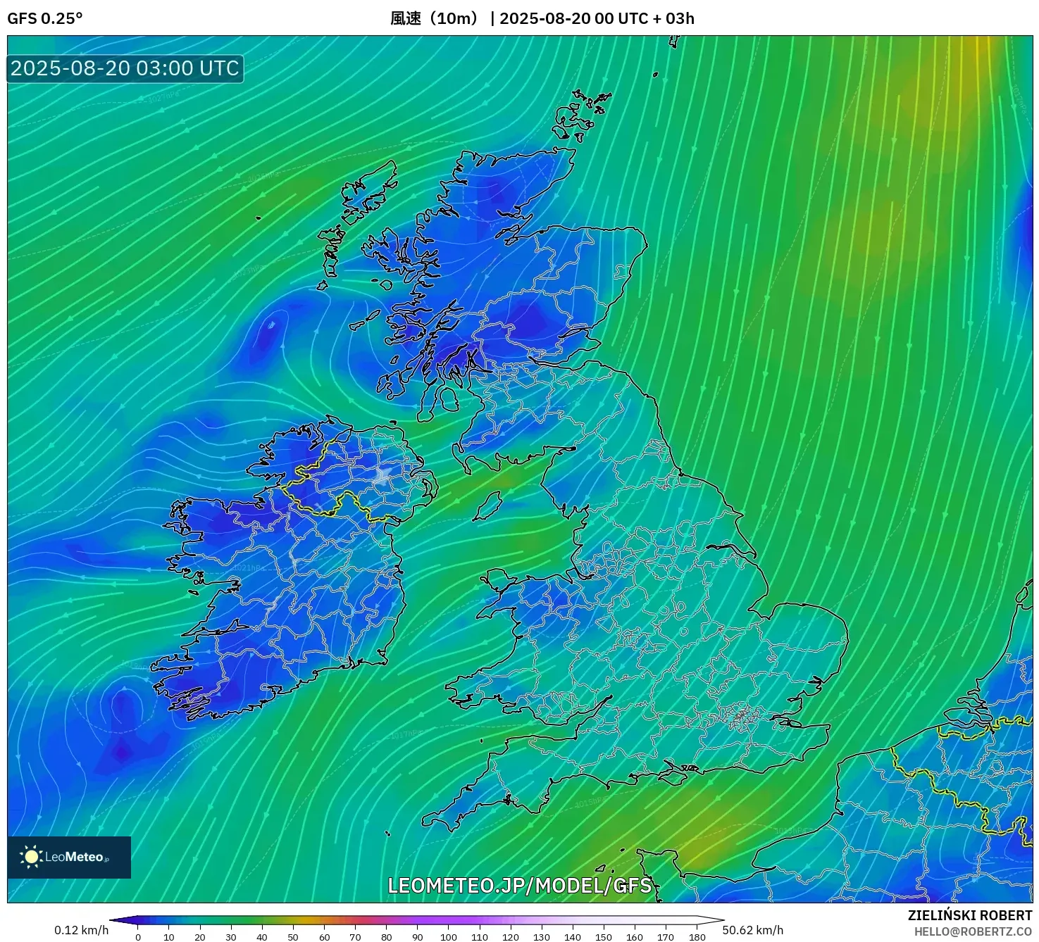GFS model - イギリス, 風速（10m）