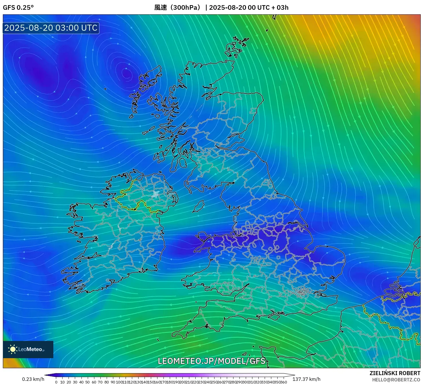 GFS model - イギリス, 風速（300hPa）