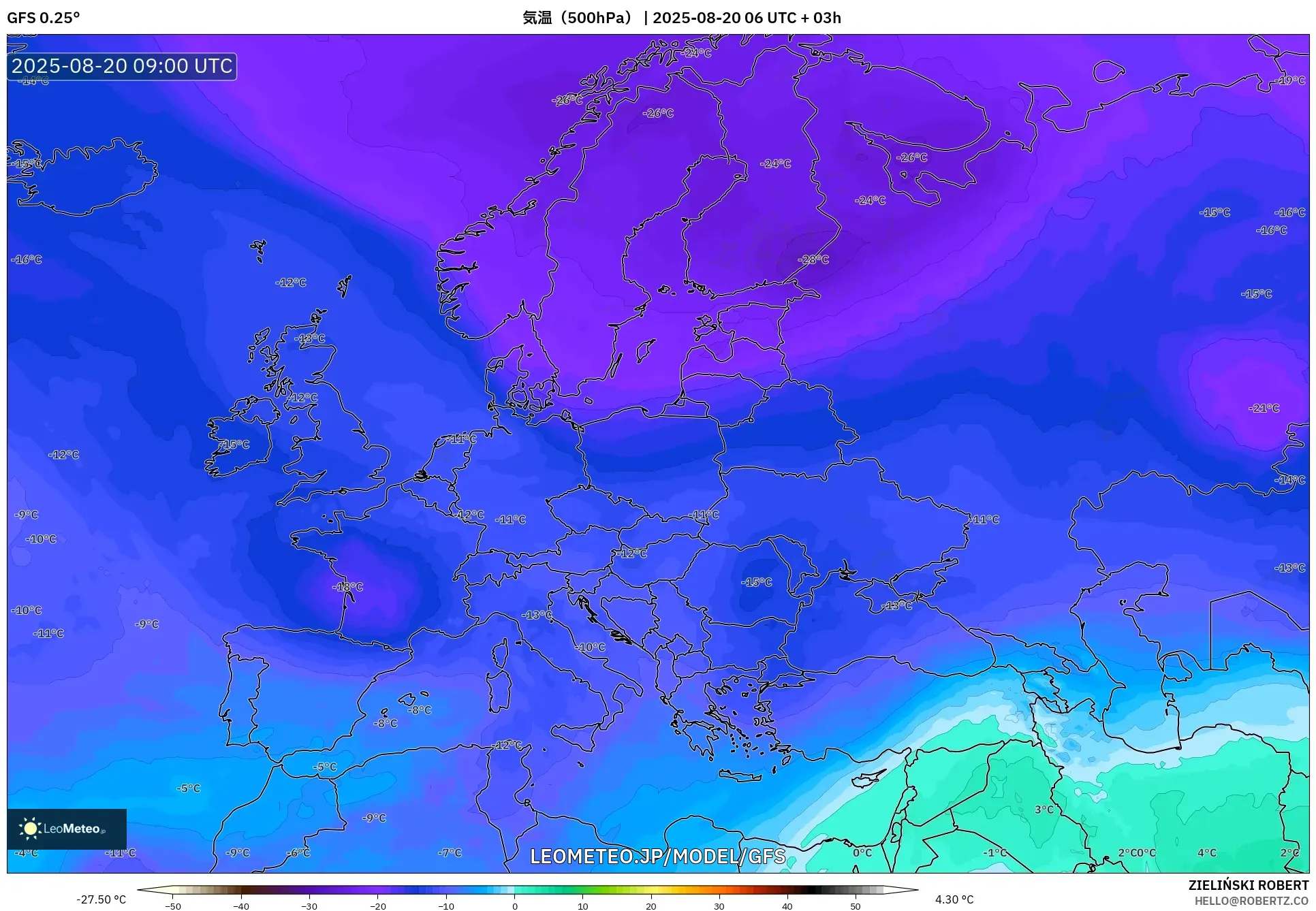 GFS model - ヨーロッパ, 気温（500hPa）