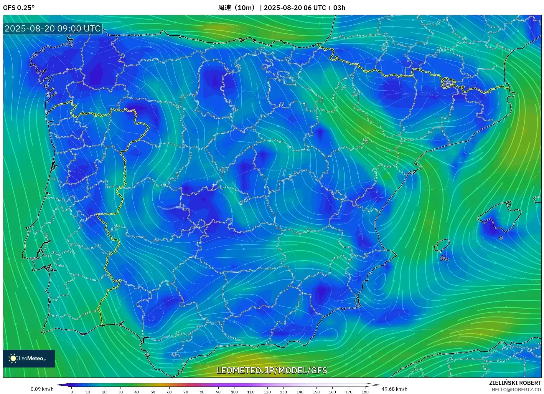 GFS model - スペイン, 風速（10m）