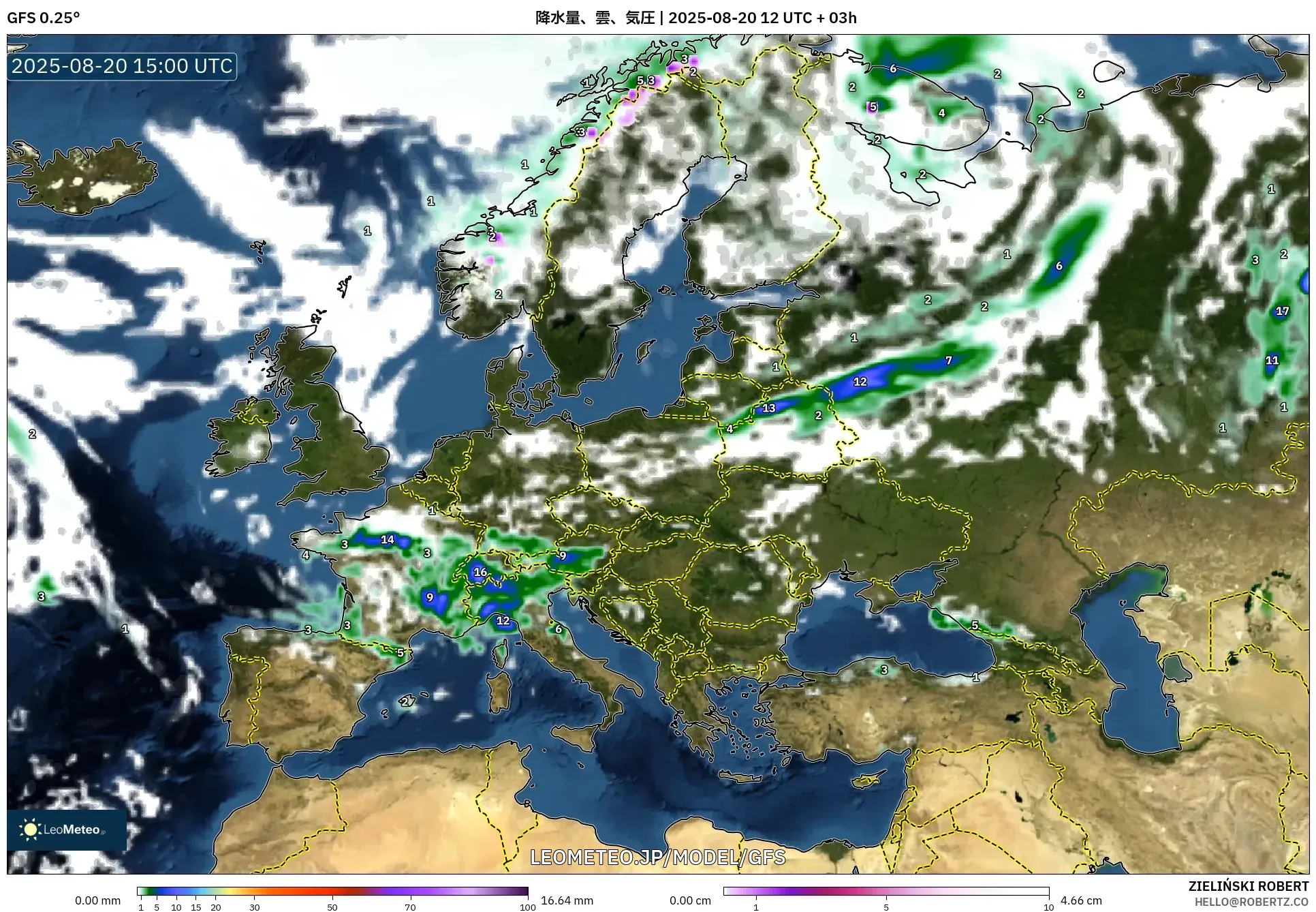 GFS model - ヨーロッパ, 降水量、雲、気圧