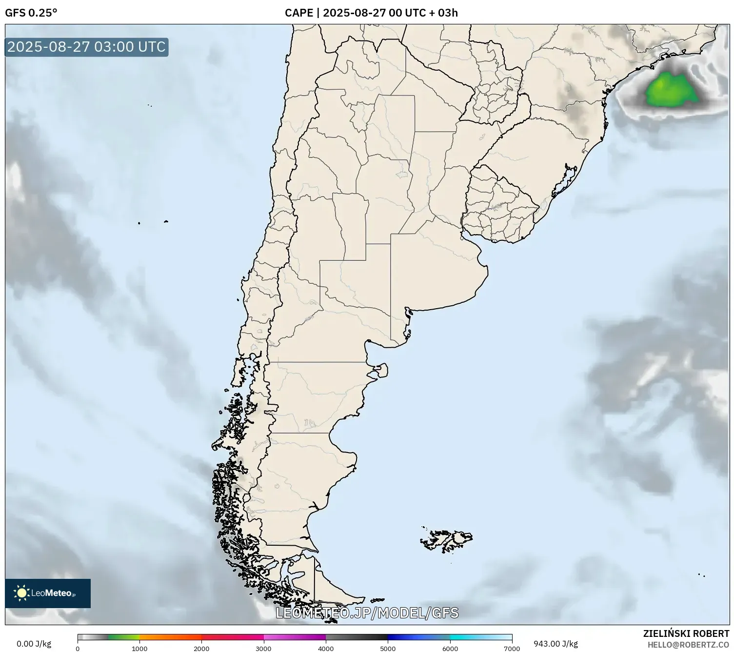 GFS model - アルゼンチン, CAPE GFS model - アルゼンチン, CAPE