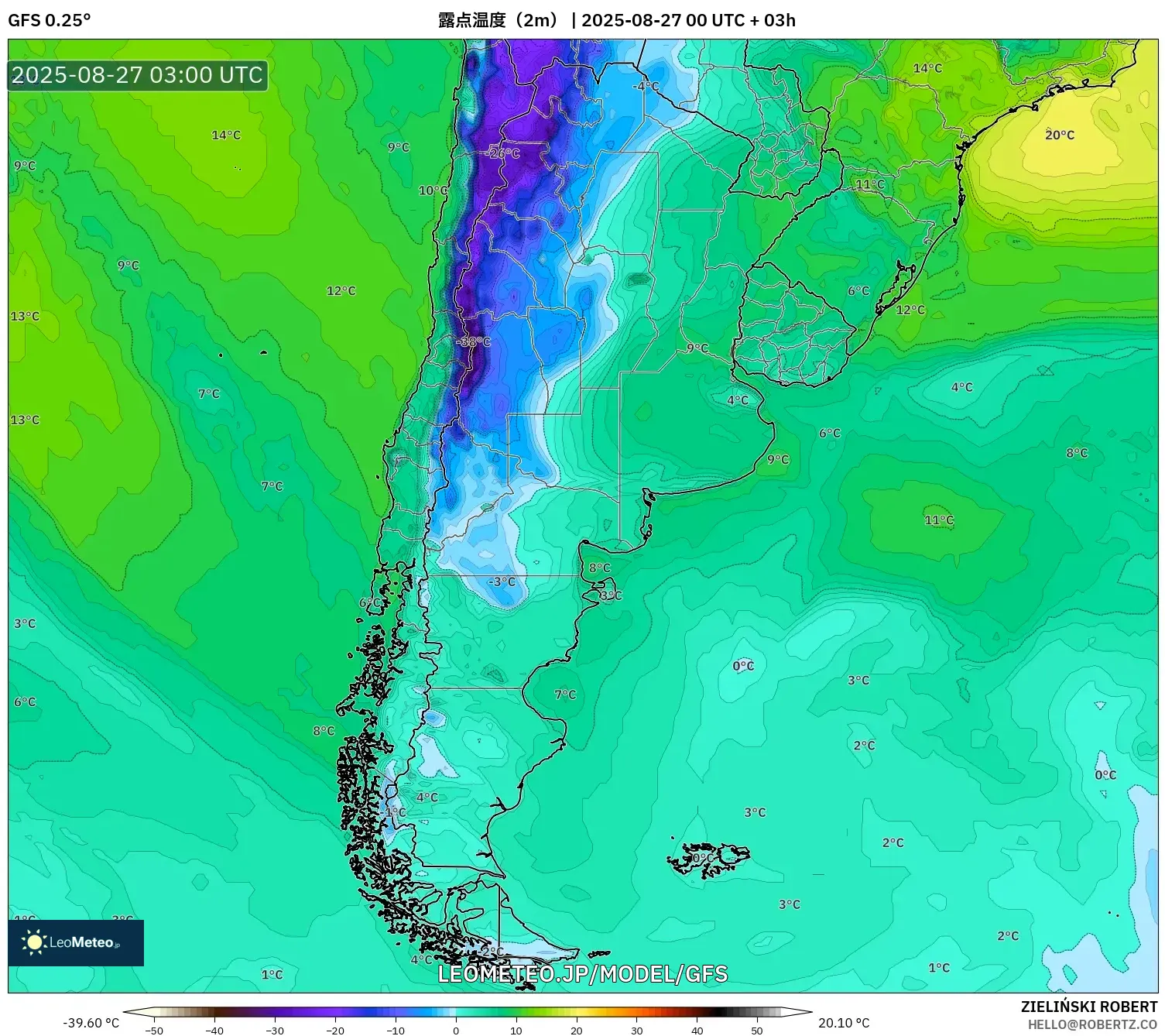 GFS model - アルゼンチン, 露点温度(2m) GFS model - アルゼンチン, 露点温度(2m)