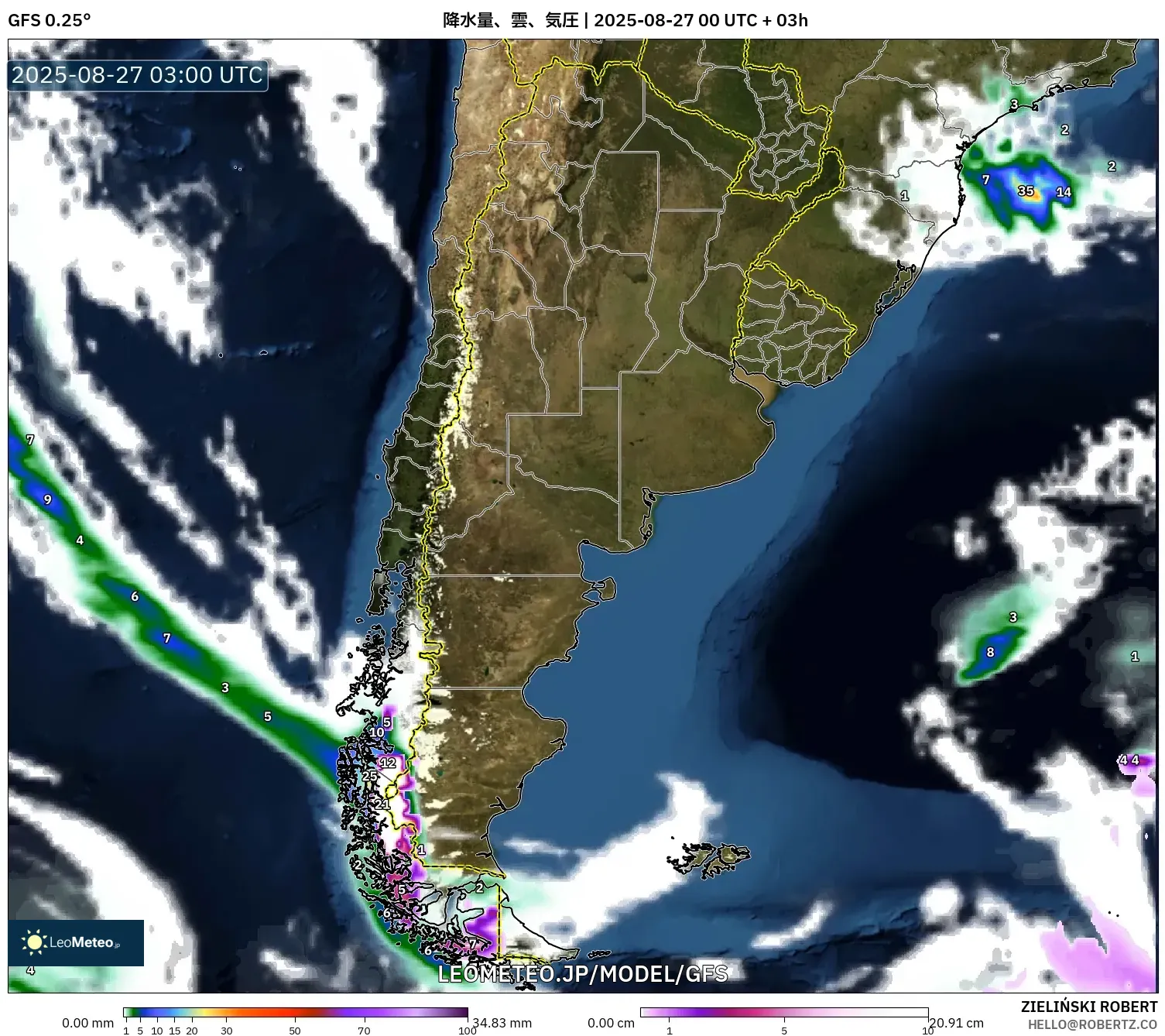 GFS model - アルゼンチン, 降水量、雲、気圧 GFS model - アルゼンチン, 降水量、雲、気圧