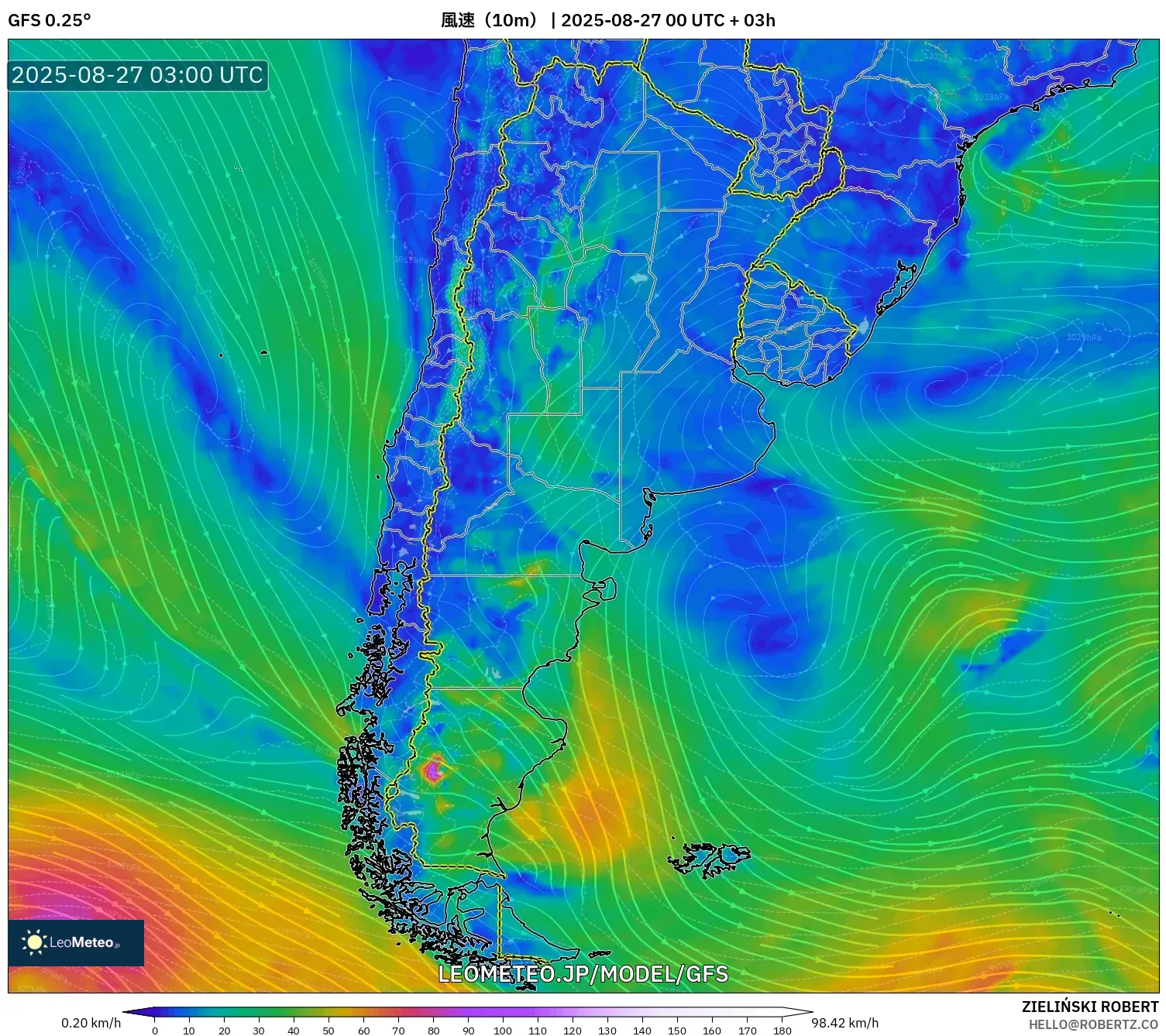 GFS model - アルゼンチン, 風速(10m) GFS model - アルゼンチン, 風速(10m)