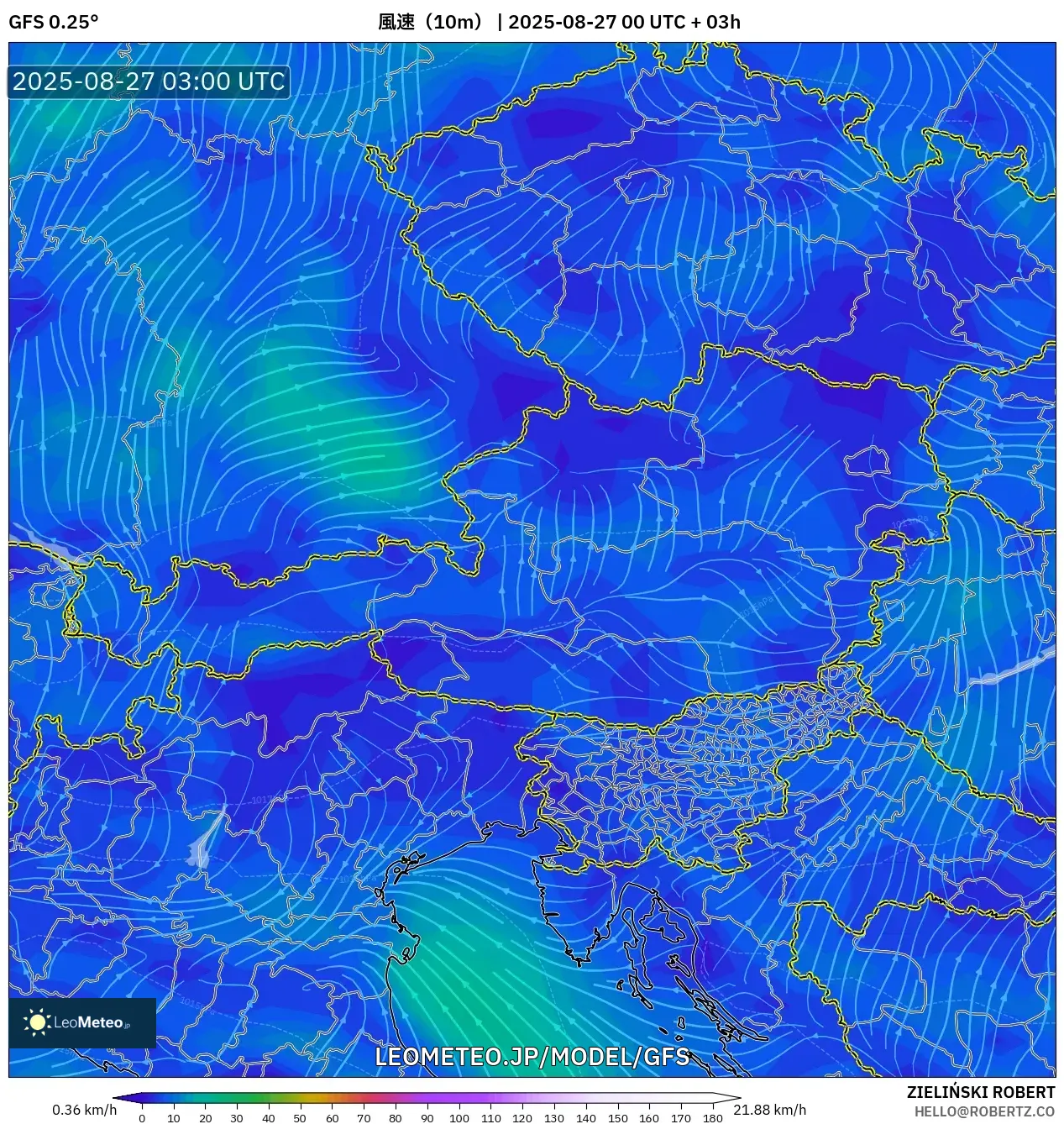 GFS model - オーストリア, 風速(10m) GFS model - オーストリア, 風速(10m)