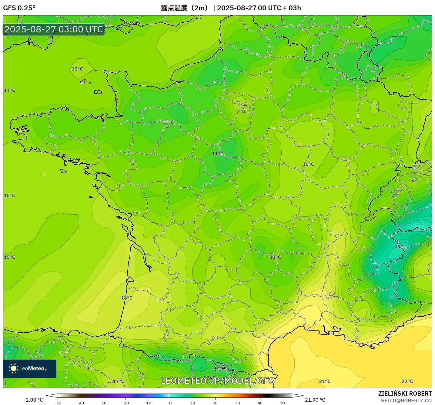 GFS model - フランス, 露点温度(2m) GFS model - フランス, 露点温度(2m)
