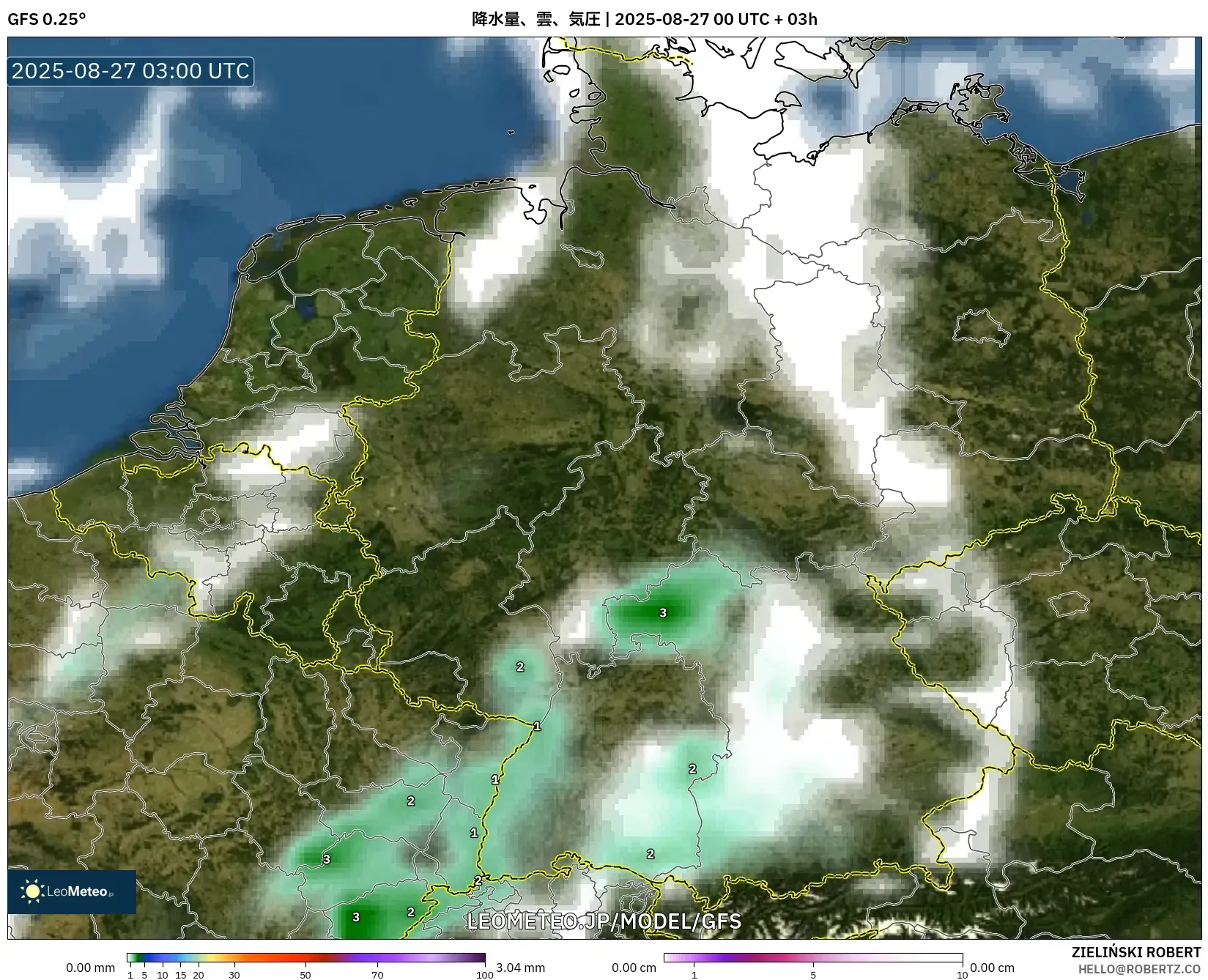 GFS model - ドイツ, 降水量、雲、気圧 GFS model - ドイツ, 降水量、雲、気圧