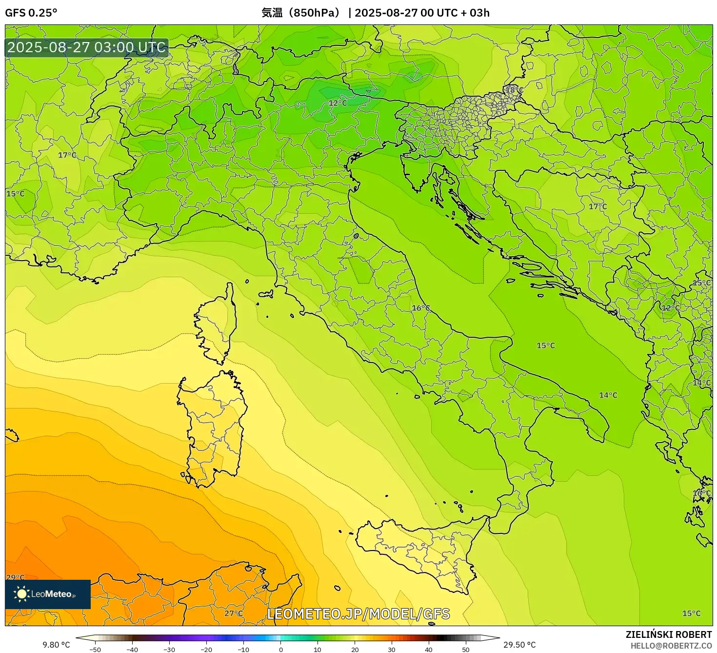 GFS model - イタリア, 気温(850hPa) GFS model - イタリア, 気温(850hPa)